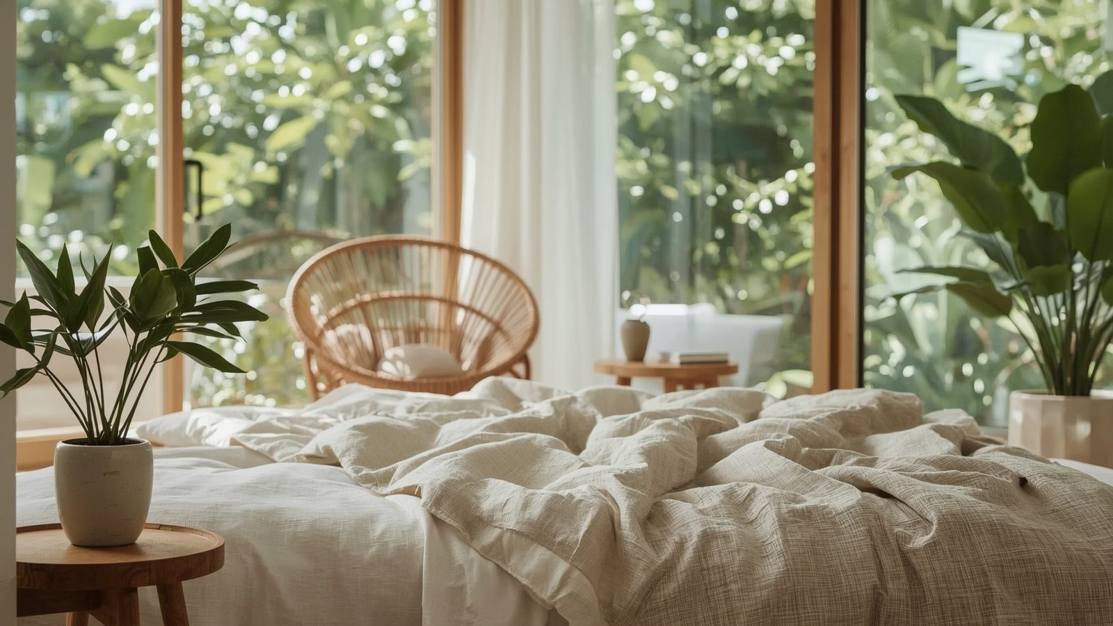 A serene Japandi-style bedroom, flooded with warm natural light through large windows. Lush, verdant plants in minimalist ceramic pots adorn the dwellstudio24 nightstands and dresser, their vibrant foliage creating a calming, nature-inspired ambiance. The overall aesthetic is one of Scandinavian simplicity and Nordic elegance, with clean lines, muted tones, and a focus on organic textures. A gentle, diffused lighting scheme casts a soft, inviting glow, complementing the serene, rejuvenating atmosphere of this tranquil, plant-filled sanctuary.
