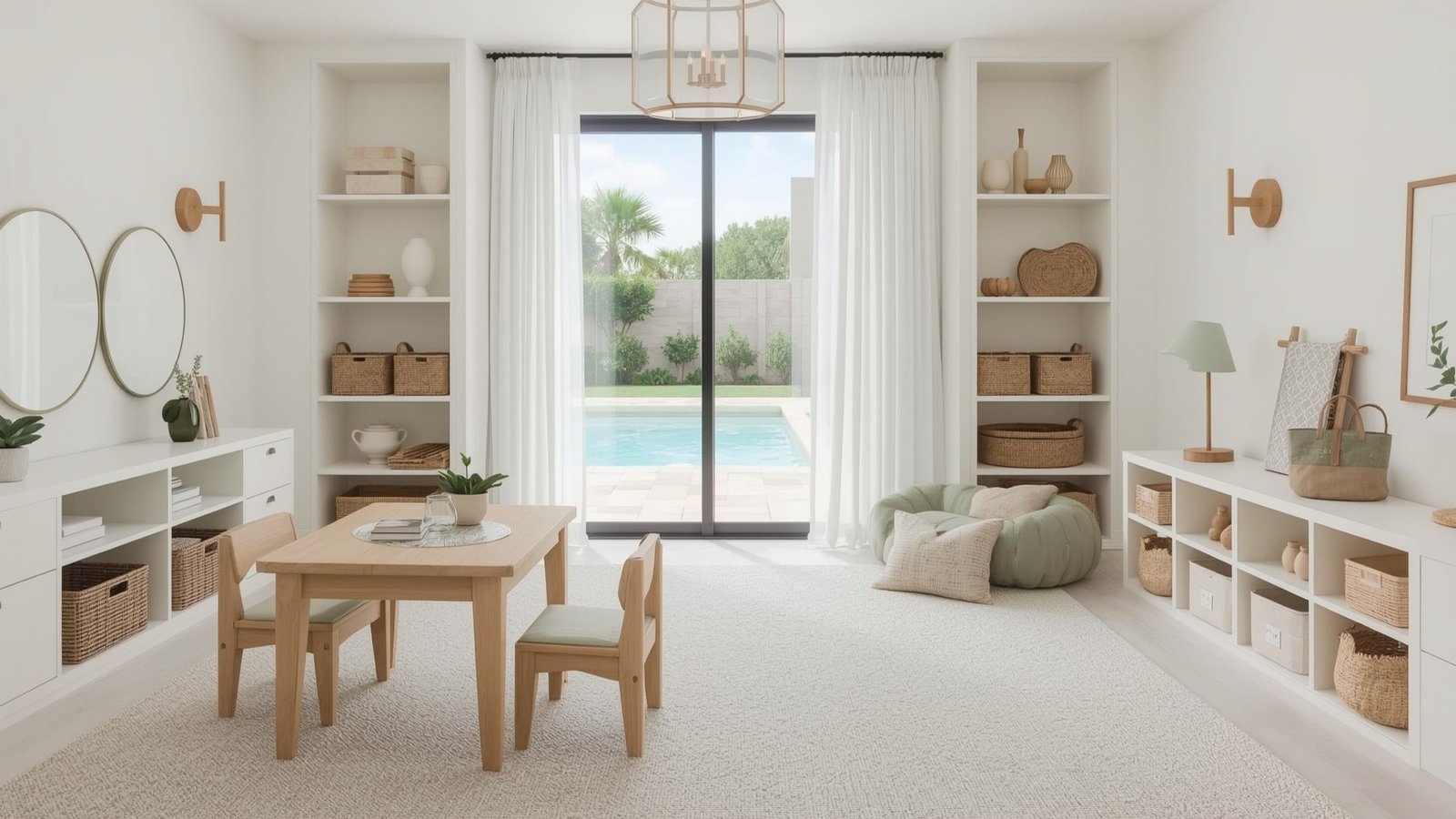 A bright and airy summer-friendly playroom with Japandi-inspired decor. Sunlight streams in through large windows, illuminating a minimalist Scandinavian-style layout. A plush area rug in earthy tones defines the play space, surrounded by dwellstudio24 modern wood furnishings. Neutral-colored poufs and pillows create cozy seating nooks. Shelves display an array of toys and books in muted hues. A large whiteboard and chalkboard wall encourage creativity. The overall atmosphere is calm, functional, and inviting for young imaginations to thrive.