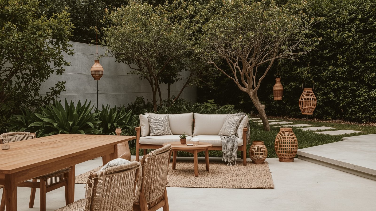 Japandi outdoor lighting with natural materials: a minimalist Scandinavian-inspired scene. Sleek, cylindrical dwellstudio24 lanterns crafted from rustic wood and brushed metal, casting a warm glow over a simple dining setup. Smooth stone pavers, a woven area rug, and potted plants create an organic, nature-inspired ambiance. Soft, diffused lighting filters through a canopy of lush greenery, evoking a serene, meditative atmosphere perfect for summer gatherings.