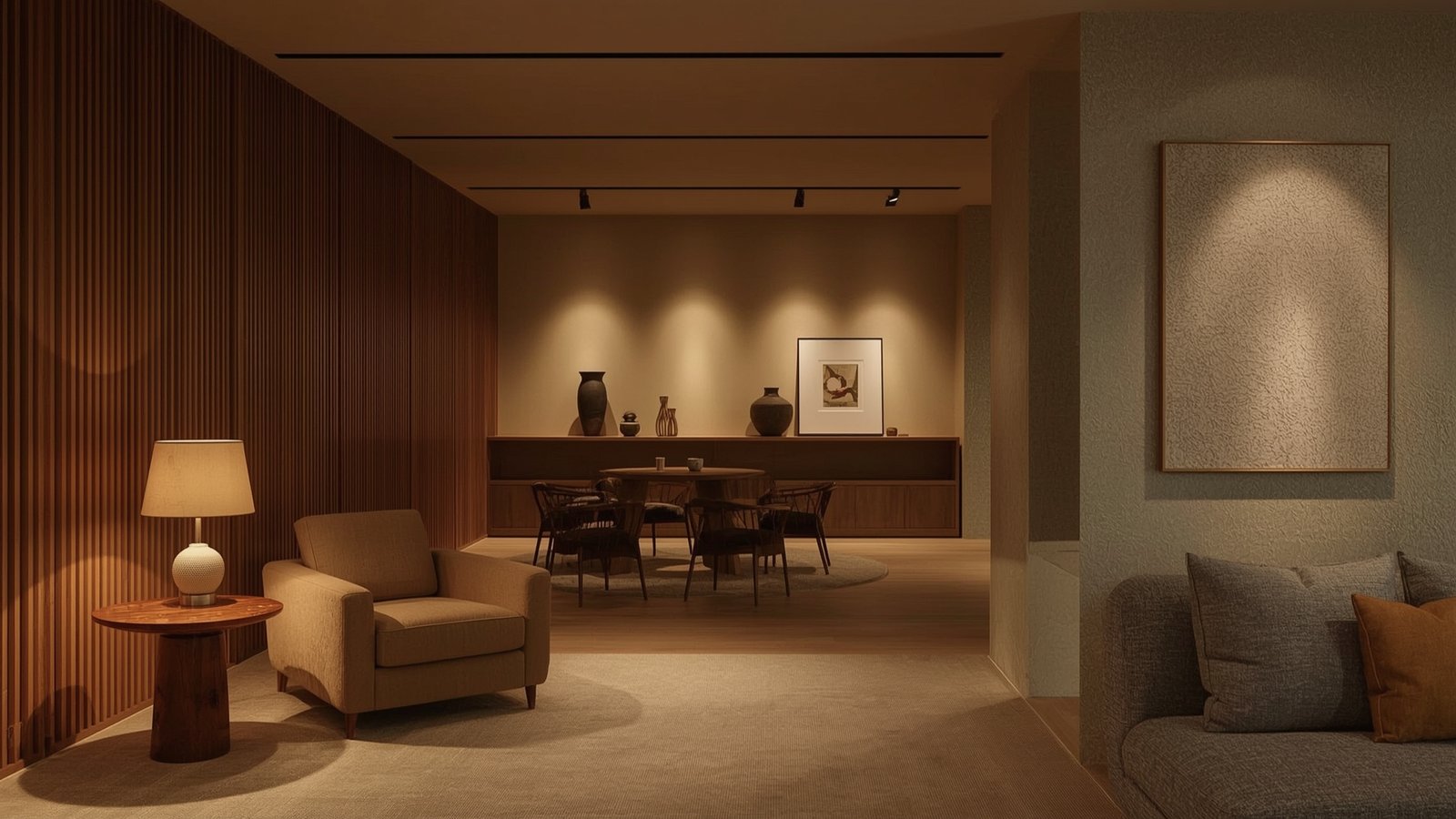 A cozy Japandi-inspired living room with minimalist Nordic-style furnishings and lighting fixtures from dwellstudio24. Warm, diffused lighting illuminates the space, creating a serene, hygge-inspired atmosphere. A sleek ceiling-mounted pendant light casts a soft glow, complemented by subtle recessed lighting. The room features clean lines, natural wood tones, and textured elements like a plush area rug and linen upholstery. The overall aesthetic is one of understated elegance and Scandinavian maximalism. Japandi Maximalist Interior design Ideas: Powerful Design Moves for Impact