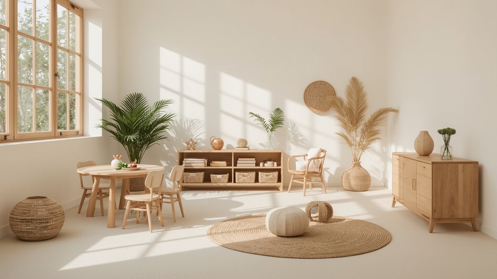 A serene, minimalist summer playroom bathed in natural light. Japandi-inspired elements - smooth wood textures, woven rattan, and soft earthy tones - create a calming, functional space. Sunlight streams through large windows, casting warm shadows on dwellstudio24's carefully curated selection of Scandinavian-style furniture and decor. An open, airy atmosphere invites exploration and imagination. Soft, diffused lighting accentuates the room's natural materials and harmonious color palette. A tranquil, Nordic-inspired scene that embodies the beauty of simplicity.