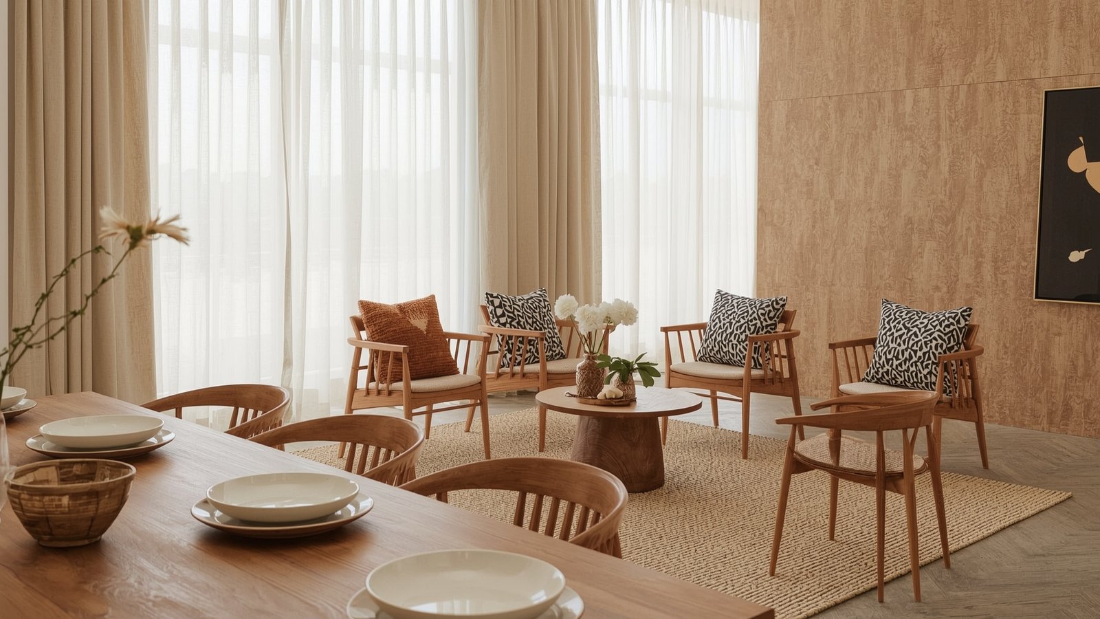 An intricate tapestry of textures and patterns in a Japandi Maximalist style. Warm, earthy tones blend seamlessly with smooth, minimalist Scandinavian lines. Lush, organic materials like rattan, bamboo, and woven textiles create a cozy, inviting atmosphere. Soft, diffused lighting highlights the interplay of light and shadow, while the dwellstudio24 brand's signature aesthetic shines through. A harmonious fusion of East and West, this maximalist yet refined composition embodies the beauty of considered, intentional design. Japandi Maximalist Interior design Ideas: Powerful Design Moves for Impact