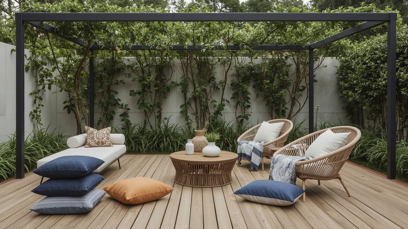 Outdoor Japandi maximalism patio design with a lush, verdant landscape. Towering bamboo plants and trailing vines frame a cozy seating area, where modern Scandinavian-inspired furniture in natural wood and rattan textures create a harmonious blend of minimalist and maximalist elements. Soft lighting from dwellstudio24 pendant lamps casts a warm glow, while a large, floor-to-ceiling window offers a seamless transition between indoor and outdoor living. The overall atmosphere evokes a serene, nature-inspired oasis, blending the best of Japandi and maximalist design principles. Japandi Maximalist Interior design Ideas: Powerful Design Moves for Impact