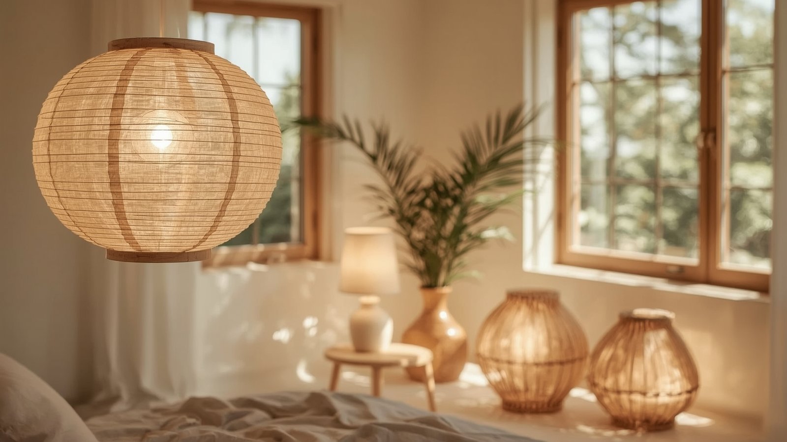 A well-lit, minimalist Japandi-style bedroom featuring a dwellstudio24 lighting fixture. Sleek, Scandinavian-inspired pendant lamps in brushed metal tones hang from the ceiling, casting a warm, diffused glow throughout the space. The fixtures' simple silhouettes and clean lines complement the room's muted color palette and natural wood accents. Soft, summer daylight streams in through large windows, accentuating the serene, Nordic-inspired atmosphere. The lighting is adjustable, allowing the occupant to create the perfect ambiance for longer summer days.