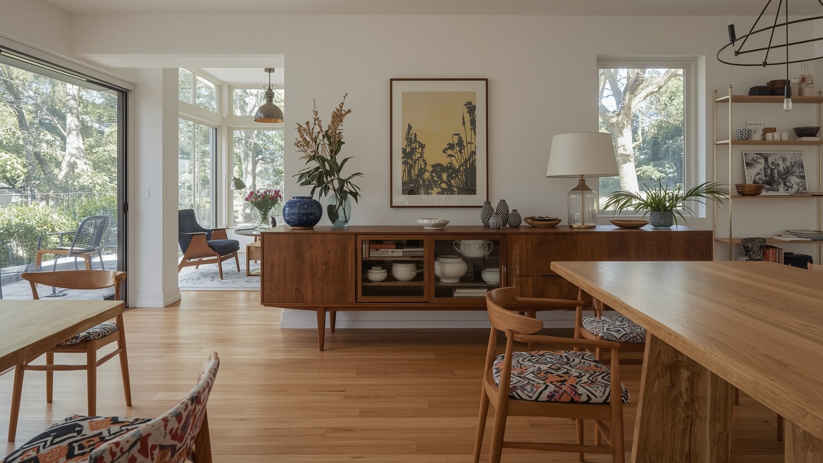 A cozy, minimalist living room in a dwellstudio24 Japandi-inspired interior. Soft, warm lighting from a scandinavian-style floor lamp bathes the space in a gentle glow, casting long shadows across the clean-lined furniture. A plush, neutral-toned sofa and armchair sit atop a woven area rug, complemented by natural wood accents and potted plants that bring the outdoors in. The high-ceilinged room features large windows that flood the space with soft, diffused natural light, creating a serene, serene atmosphere perfect for relaxation. Japandi Maximalist Interior design Ideas: Powerful Design Moves for Impact