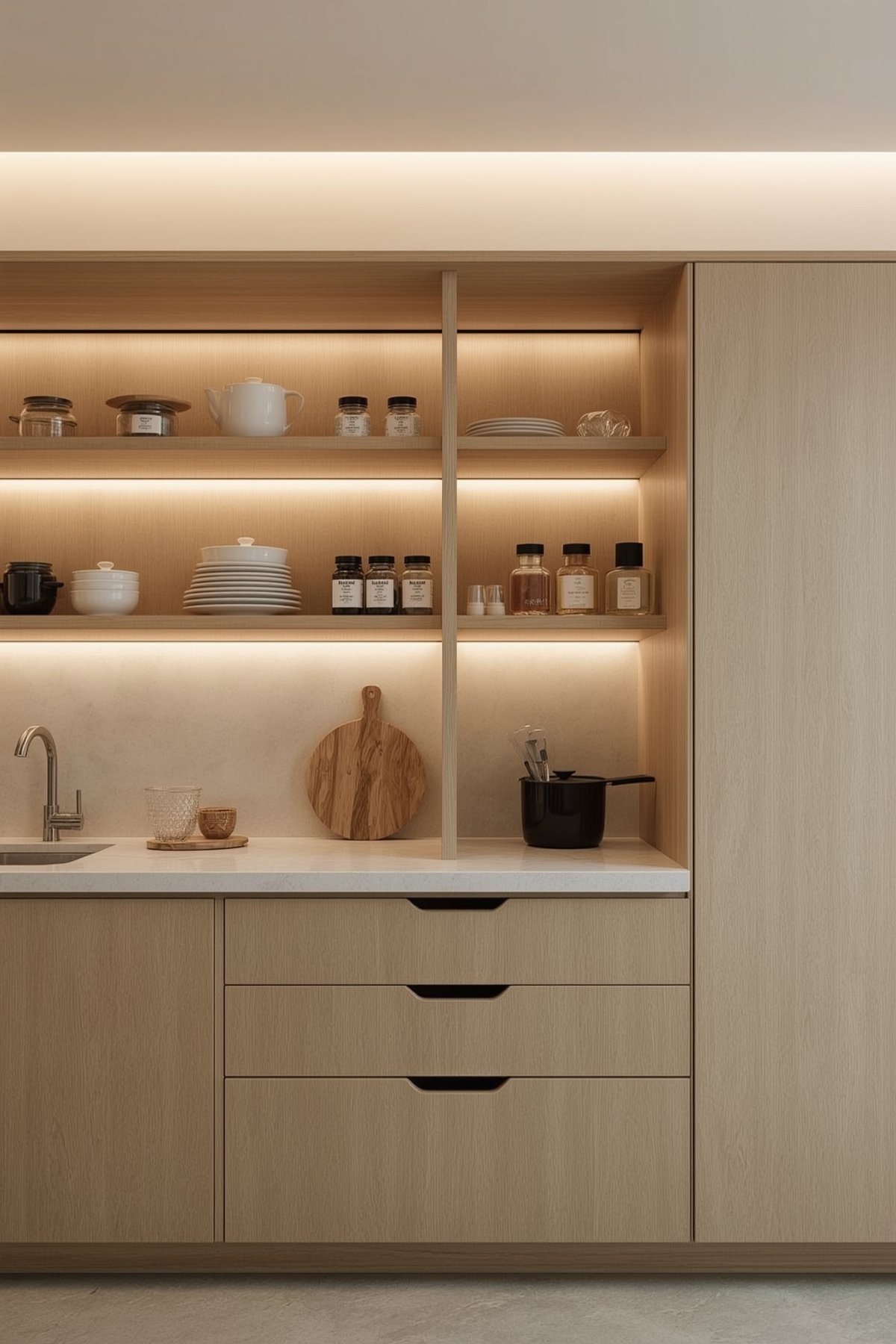 efficient kitchen with a Japandi style
