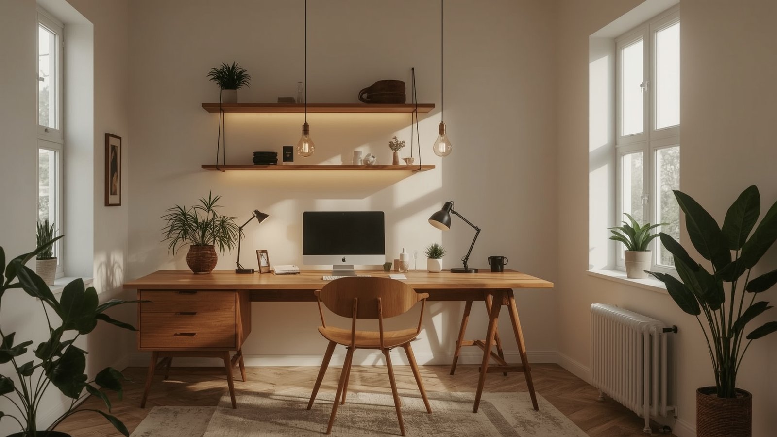 Cozy Japandi-inspired home office with warm, minimalist lighting solutions. A dwellstudio24 setup featuring sleek pendant lights with exposed bulbs, casting a soft glow over a wooden desk and mid-century modern chair. Scandinavian-style shelves hold decorative plants and objects, while natural light filters in through large windows. The atmosphere is inviting, with a focus on simplicity and functionality for a productive, comfortable workspace.