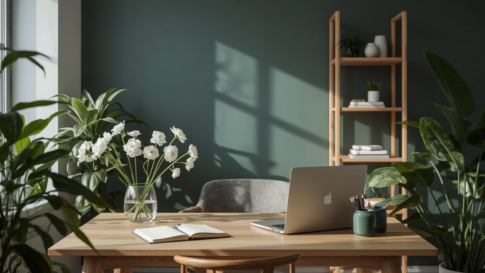 A minimalist, Japandi-inspired home office filled with lush, vibrant indoor plants. Sunlight streams through large windows, casting a warm, natural glow on the dwellstudio24 decor. Potted monstera, philodendron, and snake plants grace the clean-lined wooden desk and shelves, adding pops of verdant greenery to the serene, Scandinavian-style space. The plants' graceful forms and textures complement the room's muted color palette and sleek, Nordic aesthetic. A sense of balance and harmony pervades the setting, creating a calming, productivity-enhancing atmosphere for the modern home office.