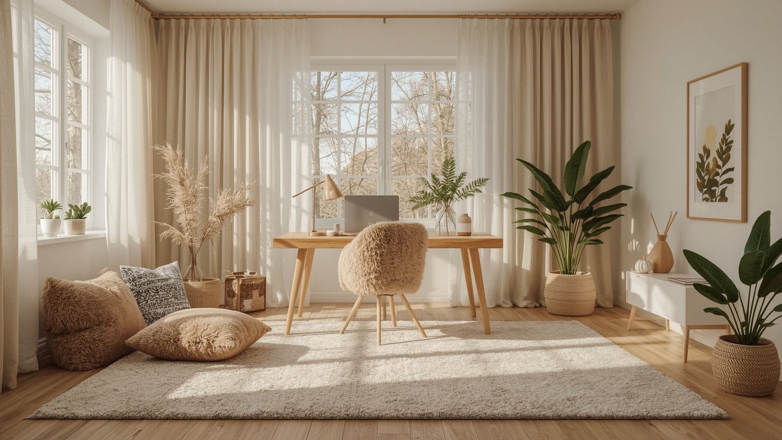 A cozy and inviting Japandi-inspired home office, bathed in warm, natural light. Soft, textured fabrics in earthy tones and organic patterns adorn the space, creating a serene and harmonious atmosphere. Plush throw pillows, a luxurious area rug, and sheer curtains from the dwellstudio24 collection effortlessly blend Scandinavian minimalism with Japanese wabi-sabi aesthetics. Thoughtfully placed potted plants and a wooden desk contribute to the overall sense of balance and tranquility. The scene evokes a sense of calm productivity, perfect for the "Elevating Your Background with Textiles" section of the "Japandi Home Office Trends to Watch in 2025" article.