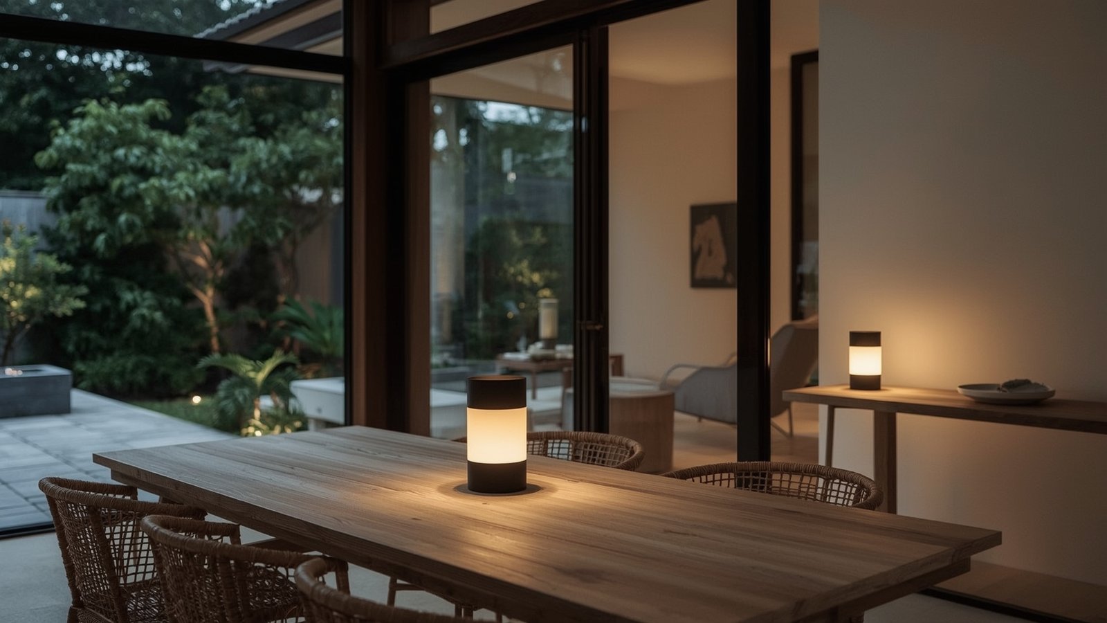 Outdoor lamps for a Japandi-inspired, minimalist Scandinavian space. Soft, diffused lighting from sleek, cylindrical lanterns with matte black finishes. The lamps create a warm, cozy ambiance, illuminating a wooden dining table and natural fiber chairs. Ambient light filters through large windows, overlooking a serene garden with lush greenery. The scene evokes a sense of tranquility and connection to nature. Photographed with a wide-angle lens to capture the harmonious indoor-outdoor flow. Designed by dwellstudio24.