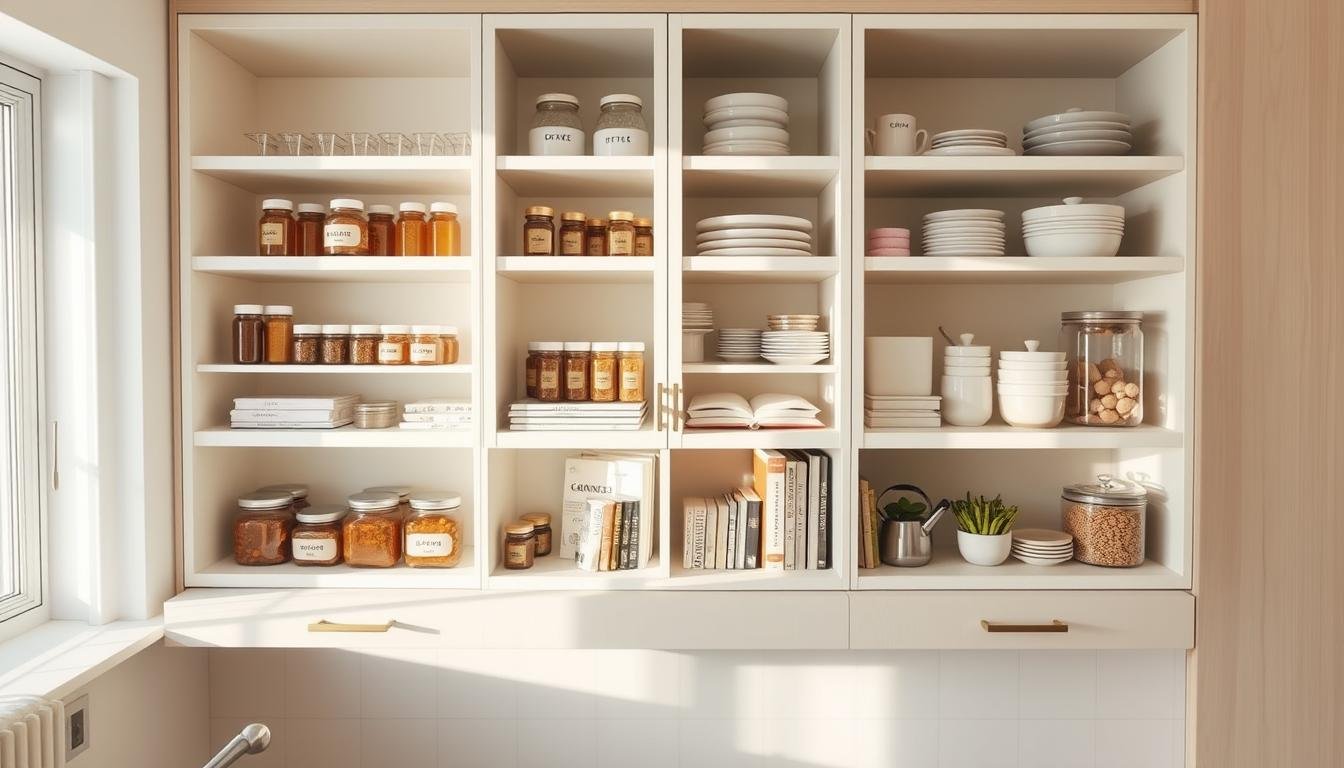 Meticulously organized kitchen cabinets in a minimalist Japandi style interior, bathed in soft, natural lighting. The cabinets feature clean lines, neutral tones, and a sleek, Scandinavian aesthetic. Shelves are neatly arranged with labeled jars, cookbooks, and essential kitchenware, showcasing an efficient, clutter-free storage solution. The camera angle captures a birds-eye view, highlighting the thoughtful layout and maximized use of vertical space. The overall atmosphere exudes a sense of calm, order, and Nordic simplicity, perfectly complementing the "Maximizing Cabinet Space" section of the article. Meticulously organized kitchen cabinets in a minimalist Japandi style interior, bathed in soft, natural lighting. The cabinets feature clean lines, neutral tones, and a sleek, Scandinavian aesthetic. Shelves are neatly arranged with labeled jars, cookbooks, and essential kitchenware, showcasing an efficient, clutter-free storage solution. The camera angle captures a birds-eye view, highlighting the thoughtful layout and maximized use of vertical space. The overall atmosphere exudes a sense of calm, order, and Nordic simplicity, perfectly complementing the "Maximizing Cabinet Space" section of the article.