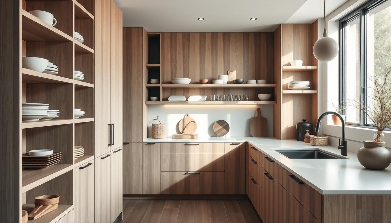 Minimalist Japandi kitchen with sleek, Nordic-inspired dwellstudio24 storage solutions. Soft, natural lighting illuminates the clean lines and muted tones of the wood and ceramic accents. Streamlined shelves, hidden drawers, and integrated cabinets maximize storage while maintaining a clutter-free, zen-like atmosphere. The layout emphasizes functionality and visual harmony, creating an inviting, Scandinavian-influenced culinary space.