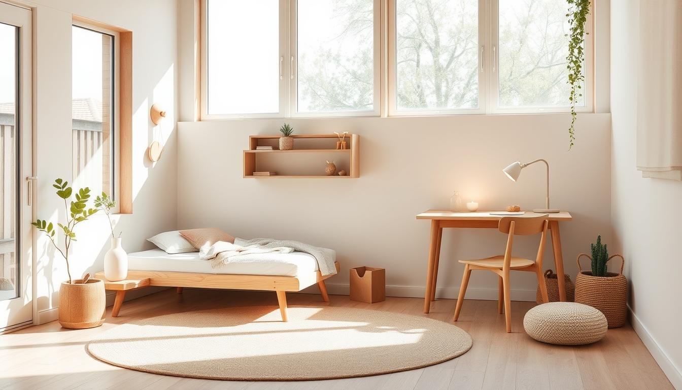 Minimalist Scandinavian children's furniture in a warm, natural Japandi style. A cozy, light-filled room with clean lines and neutral tones. A low-profile bed with a wooden frame, a small desk with slender legs, and a simple wooden chair. Warm wooden accents, soft textiles, and a sprinkling of leafy plants. Gentle, diffused natural lighting streams through large windows, casting a soothing glow. The overall atmosphere is calm, inviting, and conducive to creativity and relaxation.