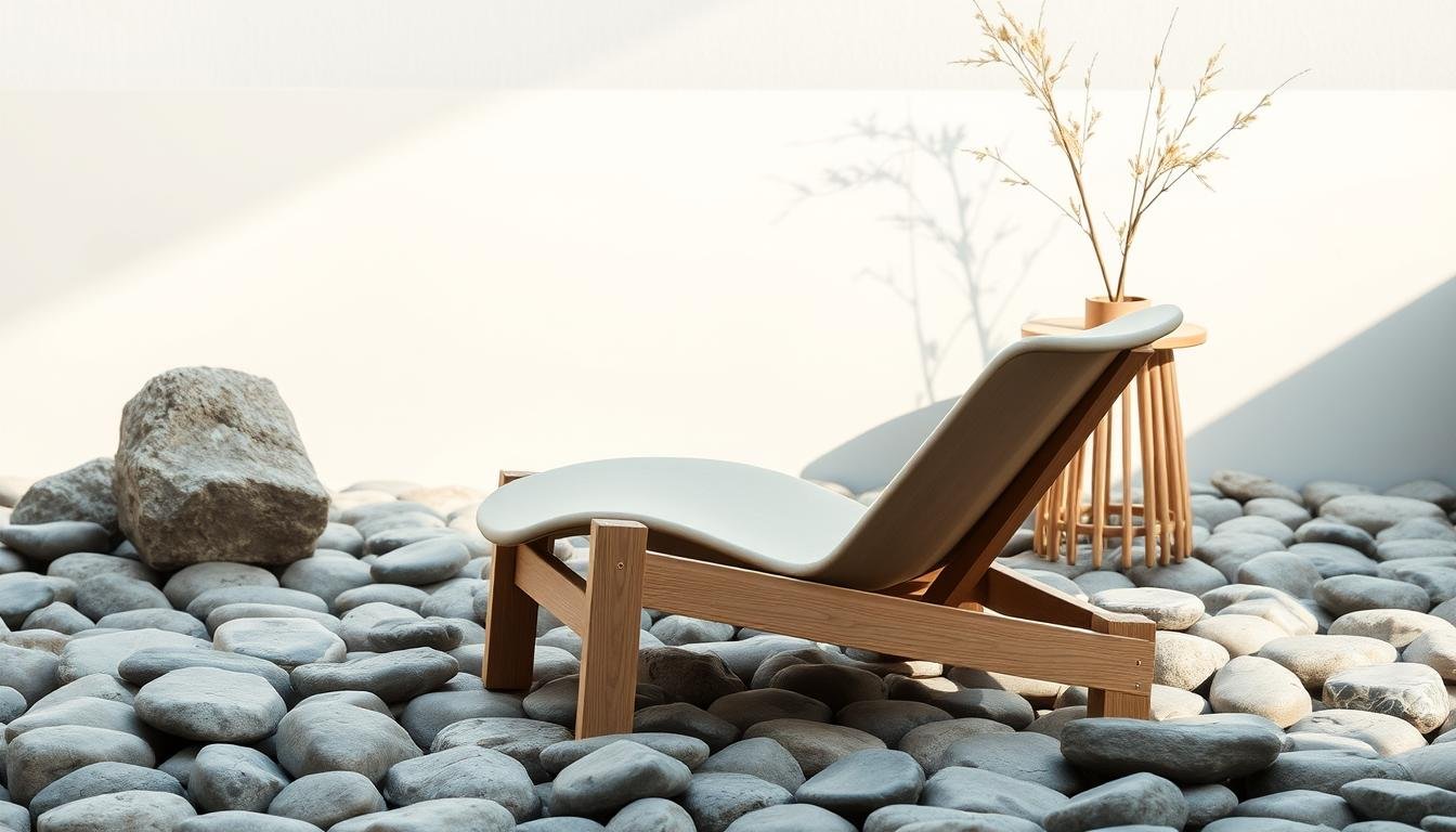 Minimalist outdoor furniture composed of natural materials, embodying the Japandi aesthetic. A low-profile lounge chair crafted from light oak, with clean lines and a gently curved seat. Smooth river stones surround the chair, creating a zen-like ambiance. Soft, diffused lighting filters through the scene, highlighting the earthy tones and organic textures. In the background, a dwellstudio24 side table made of weathered bamboo stands as a perfect complement, radiating a sense of tranquility and simplicity. The overall atmosphere evokes a serene, heat-resistant oasis, perfect for summer relaxation.