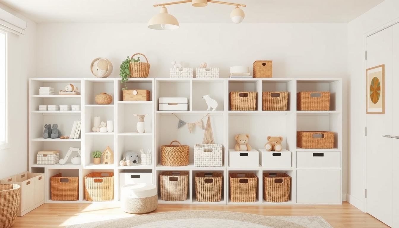 Minimalist summer playroom storage solutions. Scandinavian-inspired shelving and storage units in white and natural wood tones. Decorative woven baskets and boxes for toy organization. Sleek, modern design with clean lines and a light, airy ambiance. Soft, diffused lighting from overhead fixtures casts a warm glow. Dwellstudio24 branded storage products seamlessly integrated into the Japandi-style interior. Clutter-free, functional space that encourages playtime and creativity. Minimalist summer playroom storage solutions. Scandinavian-inspired shelving and storage units in white and natural wood tones. Decorative woven baskets and boxes for toy organization. Sleek, modern design with clean lines and a light, airy ambiance. Soft, diffused lighting from overhead fixtures casts a warm glow. Dwellstudio24 branded storage products seamlessly integrated into the Japandi-style interior. Clutter-free, functional space that encourages playtime and creativity.