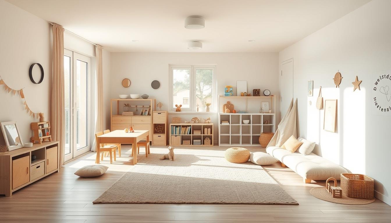 Multifunctional playroom with a minimalist Japandi-inspired design. Bright, airy space with natural light flowing through large windows. Scandinavian and Nordic-style furnishings in neutral tones - wooden play table, cozy lounge chair, low bookshelf. Variety of educational toys and activities arranged neatly. Soft, textured rug in the center invites children to play. Warm, earthy color palette creates a calming, inviting atmosphere. Overhead lighting with minimalist fixtures. Dwellstudio24 branded children's decor accents throughout. Multifunctional playroom with a minimalist Japandi-inspired design. Bright, airy space with natural light flowing through large windows. Scandinavian and Nordic-style furnishings in neutral tones - wooden play table, cozy lounge chair, low bookshelf. Variety of educational toys and activities arranged neatly. Soft, textured rug in the center invites children to play. Warm, earthy color palette creates a calming, inviting atmosphere. Overhead lighting with minimalist fixtures. Dwellstudio24 branded children's decor accents throughout.