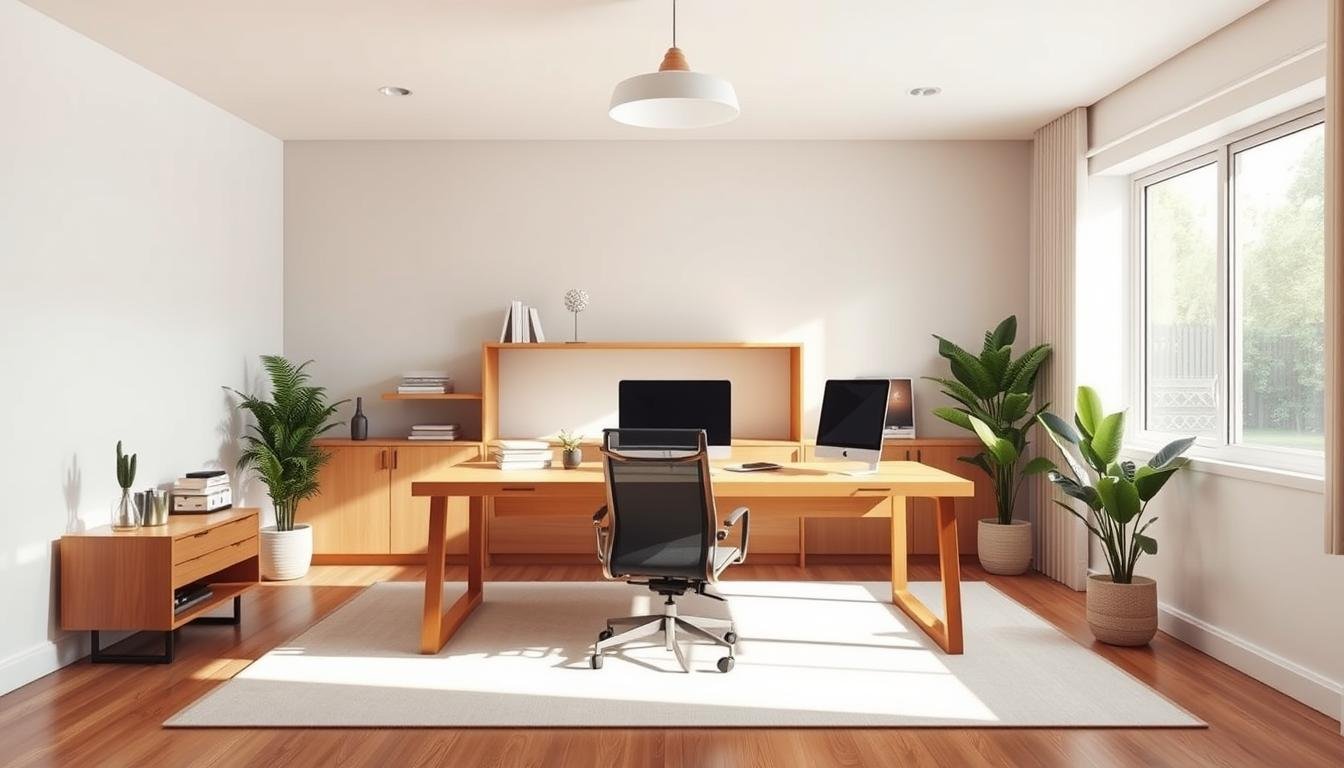 Productive Home Office: A serene Japandi-inspired workspace bathed in natural light, with clean lines and a minimalist aesthetic. A large, L-shaped desk in warm wood tones takes center stage, paired with an ergonomic chair and a potted plant, creating a calming and focused environment. The background showcases a neutral-toned wall with a simple, yet elegant shelving unit displaying decorative accents. Soft, diffused lighting from a sleek pendant lamp casts a gentle glow, while large windows allow ample natural illumination to flow in, fostering productivity and mindfulness. The overall atmosphere evokes a sense of tranquility and organization, perfect for revamping a home office.