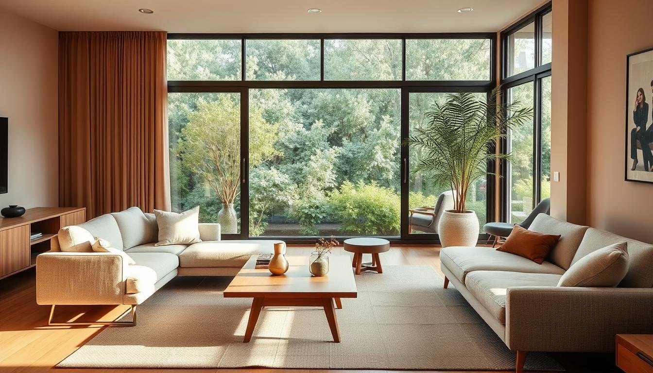 Prompt A cozy and inviting Japandi-style living room, filled with natural light and minimalist Scandinavian-inspired furnishings. In the foreground, a low-profile, L-shaped sofa upholstered in a neutral palette, complemented by a sleek, wooden coffee table. Midground showcases a mid-century modern armchair and a tall, slender plant in a ceramic pot. The background features a large window, offering a serene view of a lush, green outdoor space. Warm, diffused lighting creates a calming atmosphere, while clean lines and a muted color scheme exude a sense of understated elegance.
