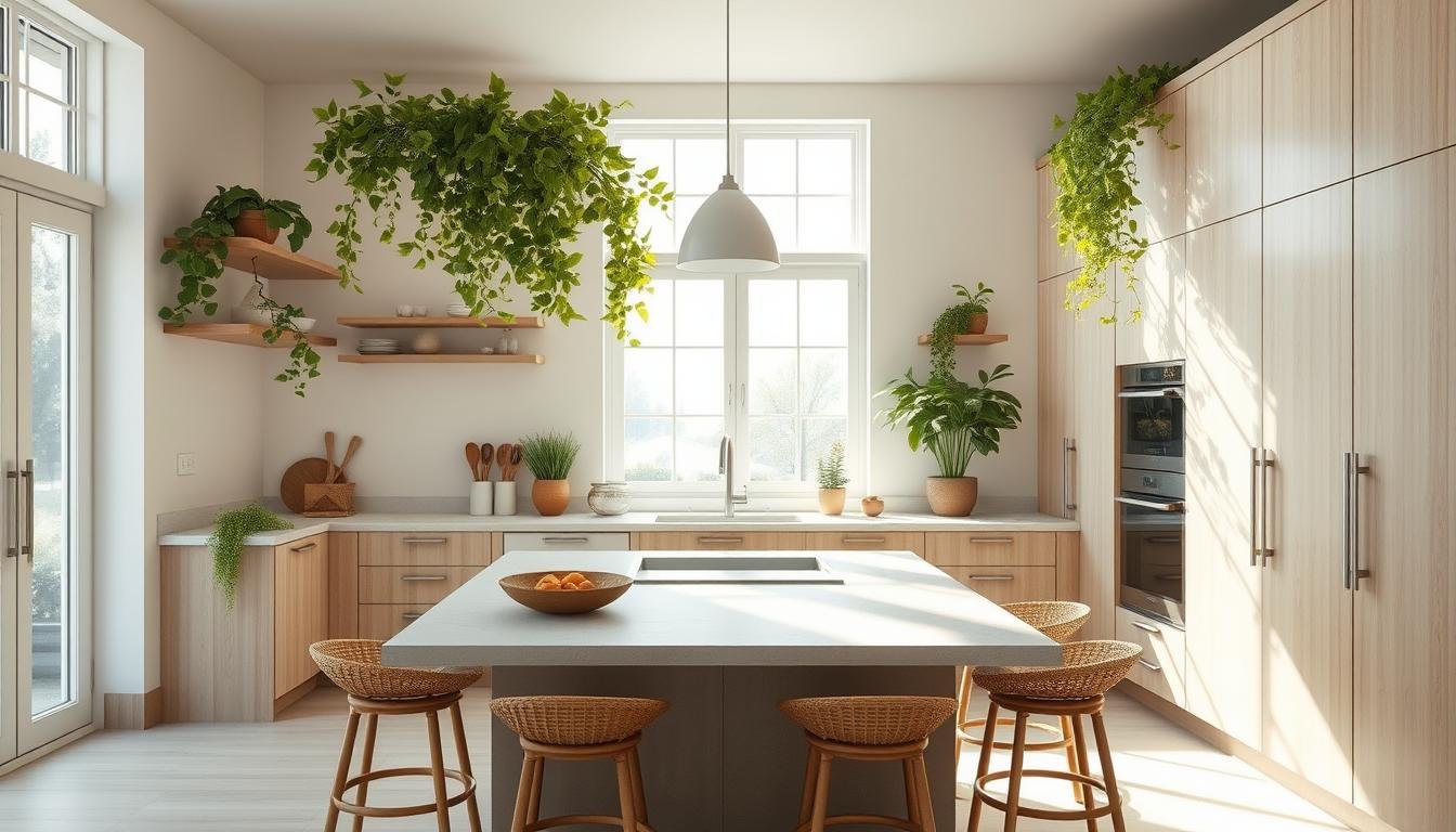 Prompt A luminous, sun-drenched kitchen in a Japandi style, with a harmonious blend of Scandinavian minimalism and organic Japanese aesthetics. Sleek, pale wood cabinetry juxtaposed with lush, verdant foliage cascading from floating shelves. A central island countertop in matte stone, surrounded by ergonomic stools in natural rattan. Soft, diffused lighting filters in through large windows, casting a warm, inviting glow over the space. The overall atmosphere is one of serene tranquility, with nature seamlessly integrated into the heart of the home.