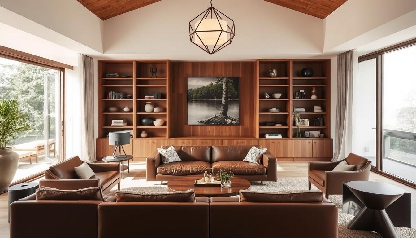 Prompt A luxurious Japandi-style interior showcasing the finest vintage and contemporary furnishings from 1stDibs. A serene, minimalist living room with soft natural lighting filtering through large windows, illuminating the clean lines and earthy tones of the scandinavian-inspired decor. A mid-century modern sofa in supple leather takes center stage, accompanied by a sleek coffee table and sculptural accent chairs. Shelves display a curated collection of decorative objects, ceramics, and books, while a striking geometric light fixture casts a warm glow over the space. The overall atmosphere is one of understated elegance and refined simplicity.