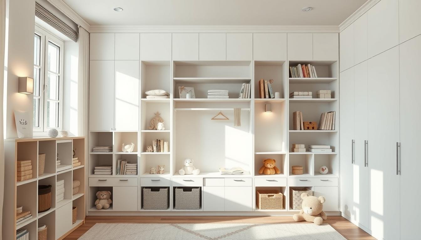 Sleek and minimalist Scandinavian-style storage solutions for a children's bedroom. Elegant white shelving units with clean lines and a touch of natural wood accents. Cubbies, cabinets, and floating shelves organized to maximize space and provide ample storage for toys, books, and personal items. Soft, muted lighting from subtle wall sconces casts a warm glow, creating a cozy and inviting atmosphere. The overall aesthetic is Japandi-inspired, blending Scandinavian simplicity with Japanese-influenced elements. Sunlight streams in through large windows, illuminating the serene and uncluttered room.