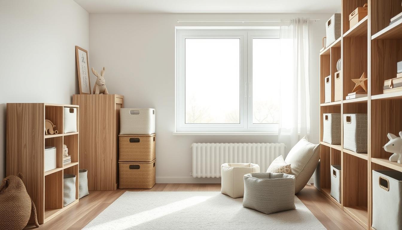 Sophisticated storage bins arranged in a well-lit Scandinavian-inspired kids room. Cuboidal shapes in muted tones of white, gray, and wood grain, subtly textured surfaces. Bins neatly stacked on shelves, complementing the minimalist, Japandi-style decor. Soft, natural lighting from large windows casts a warm glow, highlighting the clean lines and organic materials. The scene exudes a sense of tranquility and order, inviting effortless tidiness and organization. A perfect balance of form and function for stylishly storing toys, school supplies, and other children's belongings. Sophisticated storage bins arranged in a well-lit Scandinavian-inspired kids room. Cuboidal shapes in muted tones of white, gray, and wood grain, subtly textured surfaces. Bins neatly stacked on shelves, complementing the minimalist, Japandi-style decor. Soft, natural lighting from large windows casts a warm glow, highlighting the clean lines and organic materials. The scene exudes a sense of tranquility and order, inviting effortless tidiness and organization. A perfect balance of form and function for stylishly storing toys, school supplies, and other children's belongings.