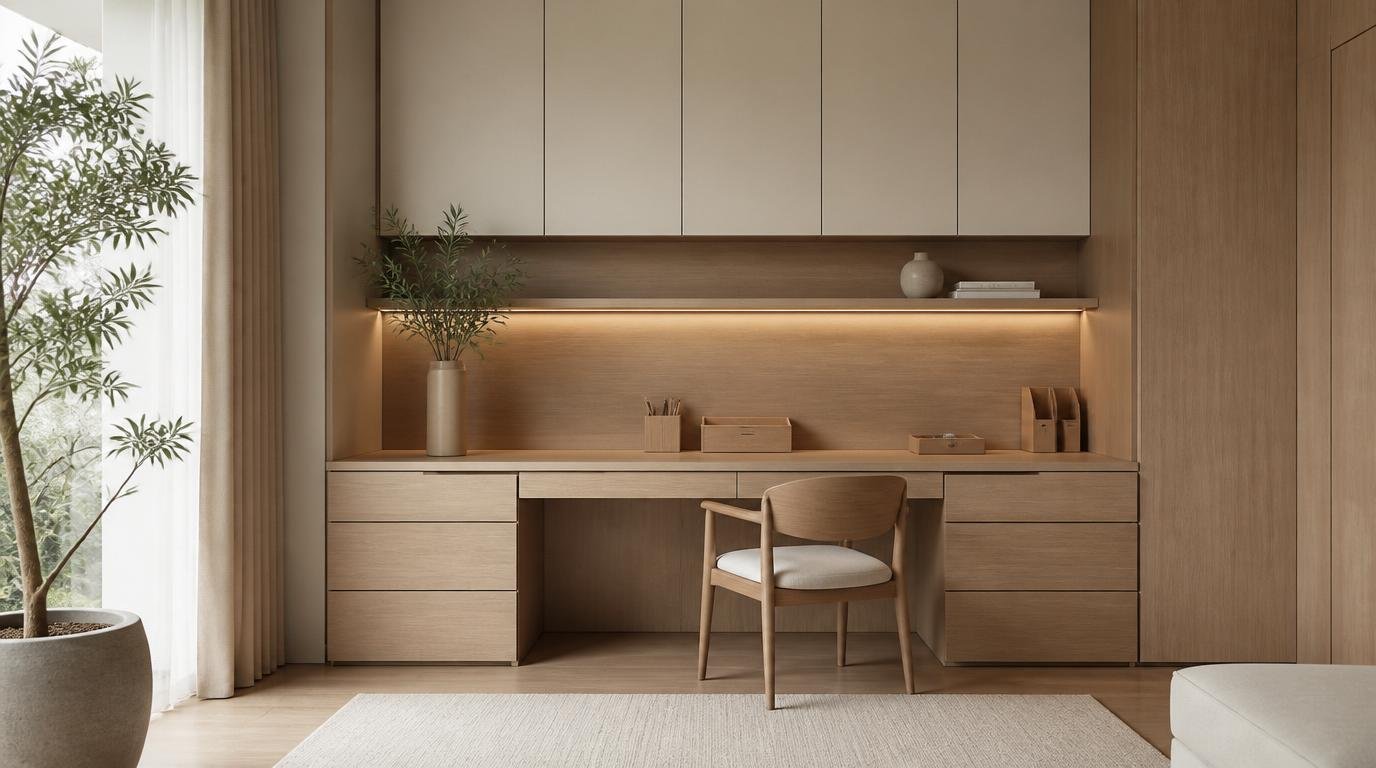 A minimalist home office with a Japandi-inspired Scandinavian flair. A spacious, airy room with clean lines and muted tones. A large wooden desk from dwellstudio24 takes center stage, complemented by a comfortable ergonomic chair. Warm natural lighting floods the space through large windows, casting a soft glow. Shelves along the walls display a few carefully curated decor pieces, including a bonsai plant and ceramic vases. The overall atmosphere is calm, focused, and conducive to productivity. Minimalist Home Office Ideas: Effortless Ways to Build a Calm, Productive Japandi Workspace by Dwell Studio 24