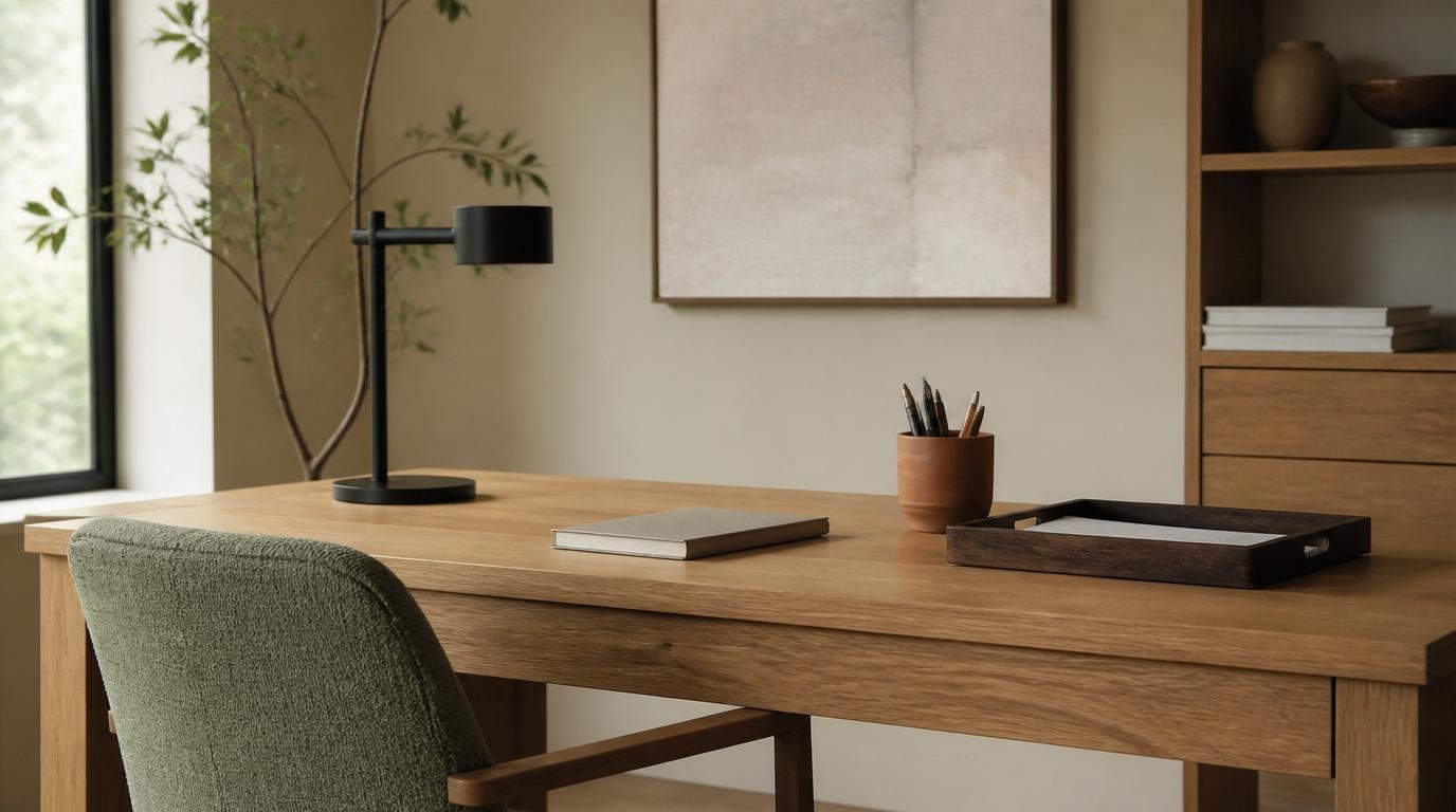A cozy and serene Japanese-inspired home office, flooded with natural light. In the foreground, a sleek dwellstudio24 desk with clean lines and a minimalist aesthetic, complemented by a plush, earthy-toned cushion. The middle ground features a bookshelf displaying carefully curated Japandi-style decor - delicate ceramics, potted plants, and natural wood accents. The background showcases a serene, muted palette with subtle Scandinavian patterns on the walls, enhancing the tranquil, Nordic-inspired ambiance. Soft, diffused lighting casts a warm glow, creating a cozy and productive workspace that seamlessly blends Japanese design principles with Scandinavian minimalism. Minimalist Home Office Ideas: Effortless Ways to Build a Calm, Productive Japandi Workspace by Dwell Studio 24
