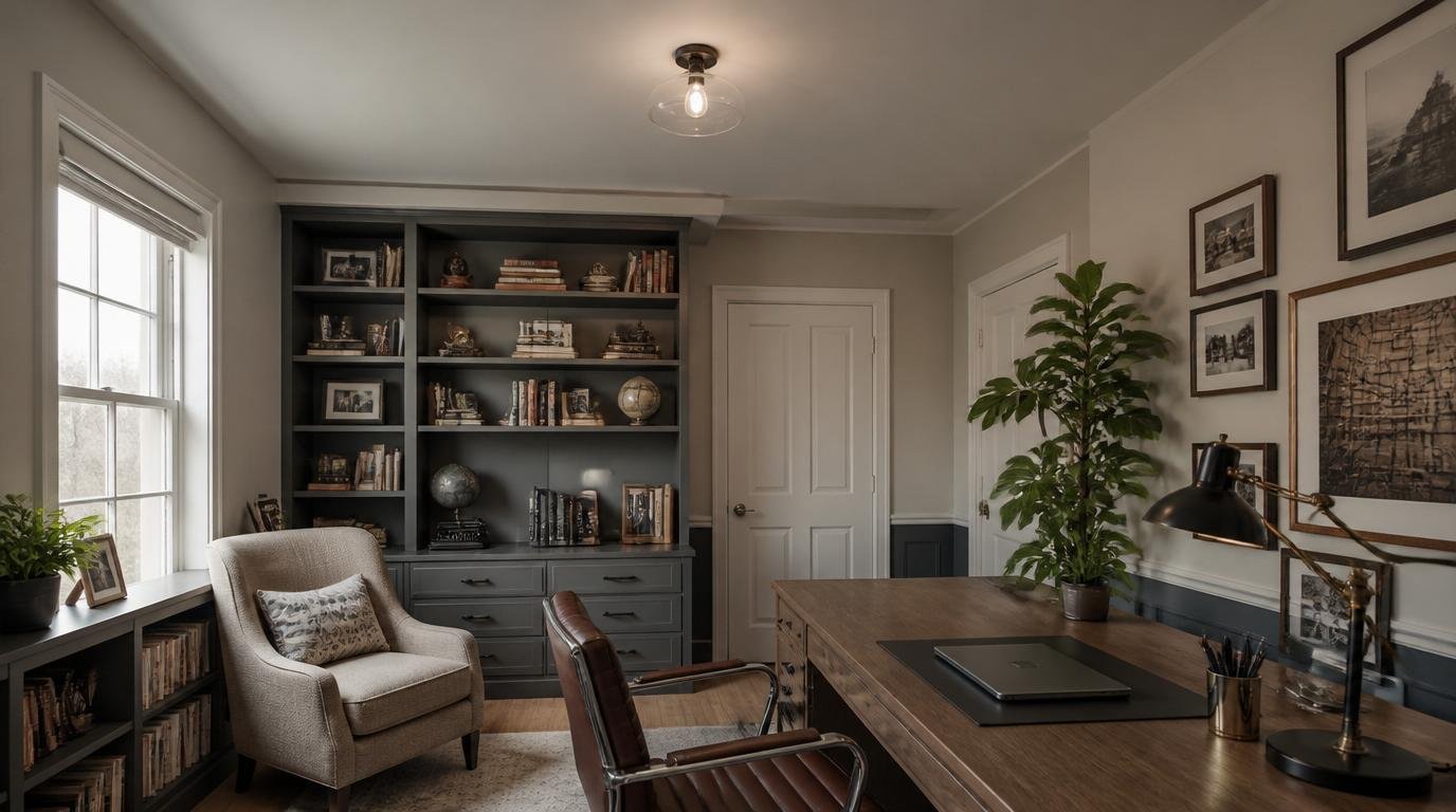 A cozy and serene Japanese-inspired home office, flooded with natural light. In the foreground, a sleek dwellstudio24 desk with clean lines and a minimalist aesthetic, complemented by a plush, earthy-toned cushion. The middle ground features a bookshelf displaying carefully curated Japandi-style decor - delicate ceramics, potted plants, and natural wood accents. The background showcases a serene, muted palette with subtle Scandinavian patterns on the walls, enhancing the tranquil, Nordic-inspired ambiance. Soft, diffused lighting casts a warm glow, creating a cozy and productive workspace that seamlessly blends Japanese design principles with Scandinavian minimalism. Minimalist Home Office Ideas: Effortless Ways to Build a Calm, Productive Japandi Workspace by Dwell Studio 24