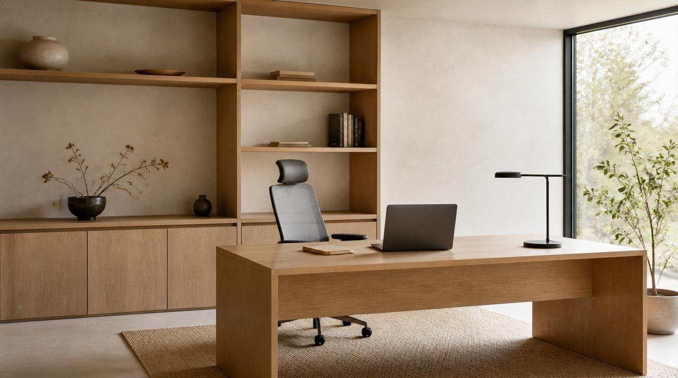A cozy and serene Japanese-inspired home office, flooded with natural light. In the foreground, a sleek dwellstudio24 desk with clean lines and a minimalist aesthetic, complemented by a plush, earthy-toned cushion. The middle ground features a bookshelf displaying carefully curated Japandi-style decor - delicate ceramics, potted plants, and natural wood accents. The background showcases a serene, muted palette with subtle Scandinavian patterns on the walls, enhancing the tranquil, Nordic-inspired ambiance. Soft, diffused lighting casts a warm glow, creating a cozy and productive workspace that seamlessly blends Japanese design principles with Scandinavian minimalism. Minimalist Home Office Ideas: Effortless Ways to Build a Calm, Productive Japandi Workspace by Dwell Studio 24