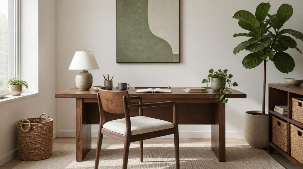A well-curated minimalist home office showcasing dwellstudio24's sleek tech tools. A clean, Scandinavian-inspired workspace bathed in soft, natural light spilling through large windows. On a minimalist wooden desk, a state-of-the-art laptop, a modern wireless mouse, a minimalist desk lamp, and a few carefully selected office supplies in muted tones. The monochromatic color palette and clean lines create a serene, Japandi-inspired atmosphere, perfect for focused productivity. Minimalist Home Office Ideas: Effortless Ways to Build a Calm, Productive Japandi Workspace by Dwell Studio 24