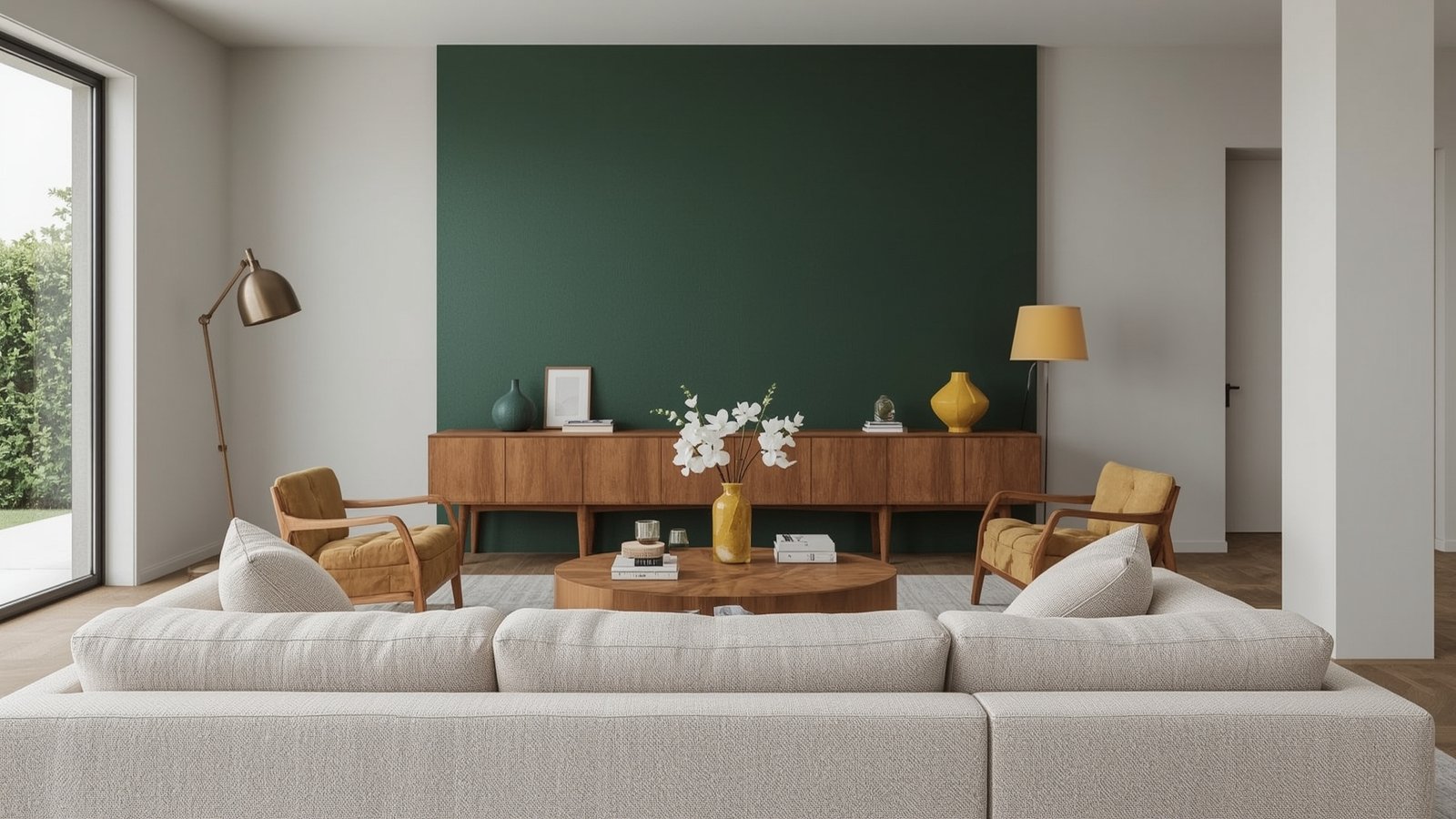 A warm, inviting Japandi-inspired maximalist color palette fills the frame. Soft, natural light filters through large windows, casting a cozy glow over the space. Vibrant jewel-toned velvets and organic textures create a layered, visually striking composition. Sleek, minimalist Scandinavian furnishings provide balance, while pops of greenery and dwellstudio24 accessories add depth and personality. The overall mood is one of serene sophistication, blending the best of both minimalist and maximalist design aesthetics. Japandi Maximalist Interior design Ideas: Powerful Design Moves for Impact