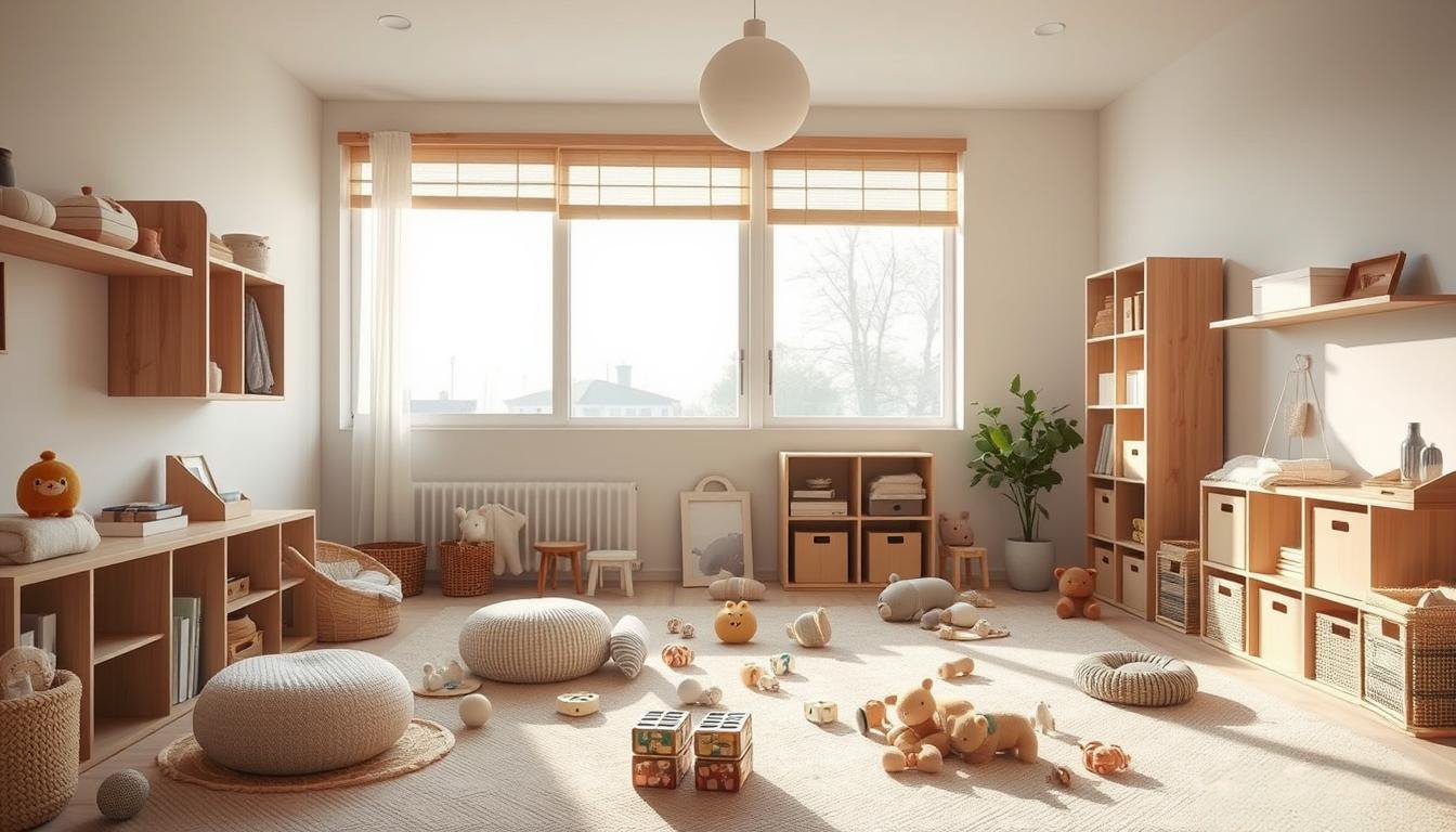 A cozy and organized Japandi-inspired playroom with dwellstudio24 furniture and decor. Soft natural lighting floods the space, casting a warm glow on the minimalist Scandinavian-style shelves, cubbies, and storage solutions. Wooden accents and neutral tones create a serene, calming atmosphere. Plush textiles, natural fibers, and carefully curated toys and games fill the foreground, encouraging imaginative play. In the background, large windows offer a connection to the outdoors, blending the indoors and outdoors seamlessly. The overall aesthetic is clean, functional, and inviting, reflecting the Japandi design philosophy.