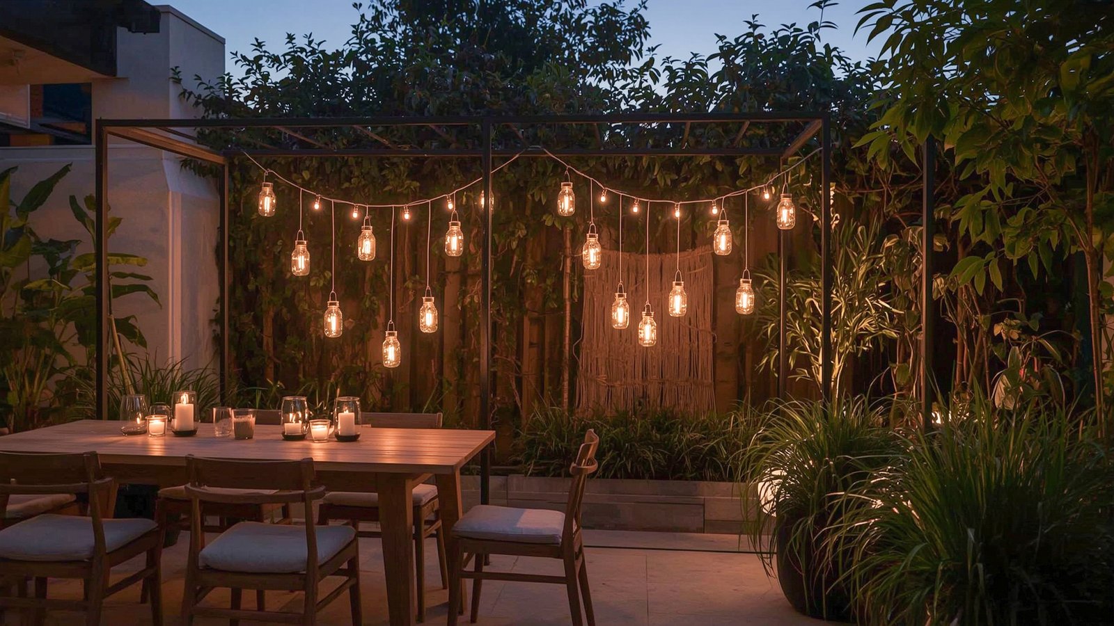 A minimalist Japandi-inspired outdoor lighting setup with a scandinavian flair. Sleek dwellstudio24 floor lamps with warm LED bulbs casting a cozy glow, surrounded by smooth river rocks and lush, verdant foliage. The scene is bathed in a soft, diffused light, creating an inviting and serene atmosphere perfect for summer evenings. Subtle textures and natural materials blend harmoniously, reflecting the budget-friendly yet elevated Scandinavian design aesthetic.