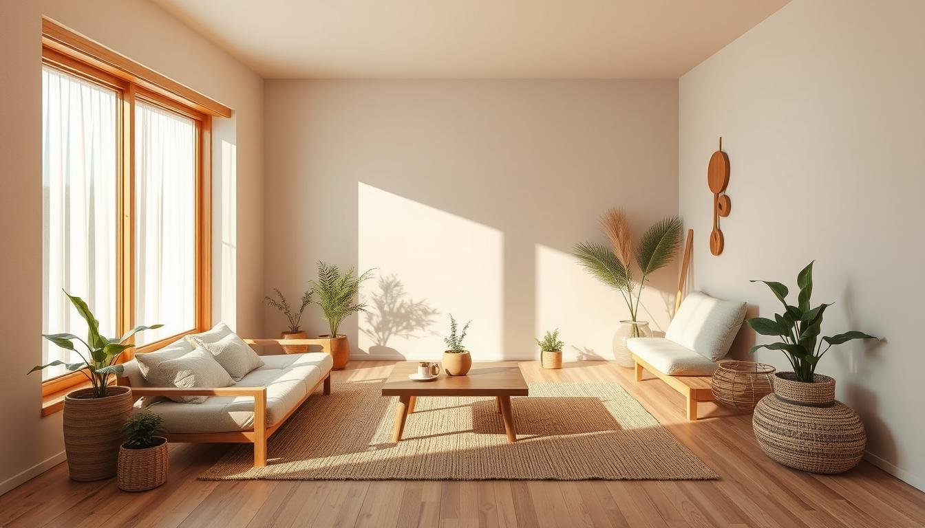 A cozy, minimalist Japandi-style interior with clean lines and natural materials. A large floor-to-ceiling window bathes the room in warm, diffused natural light, casting soft shadows and highlighting the organic textures of the wood furnishings and woven accents. Potted plants and natural fiber rugs lend a biophilic touch, connecting the space to the outdoors. The muted color palette of earthy tones and neutral hues creates a serene, harmonious atmosphere, embodying the Scandinavian and Nordic design principles of sustainable, functional, and aesthetically-pleasing living.