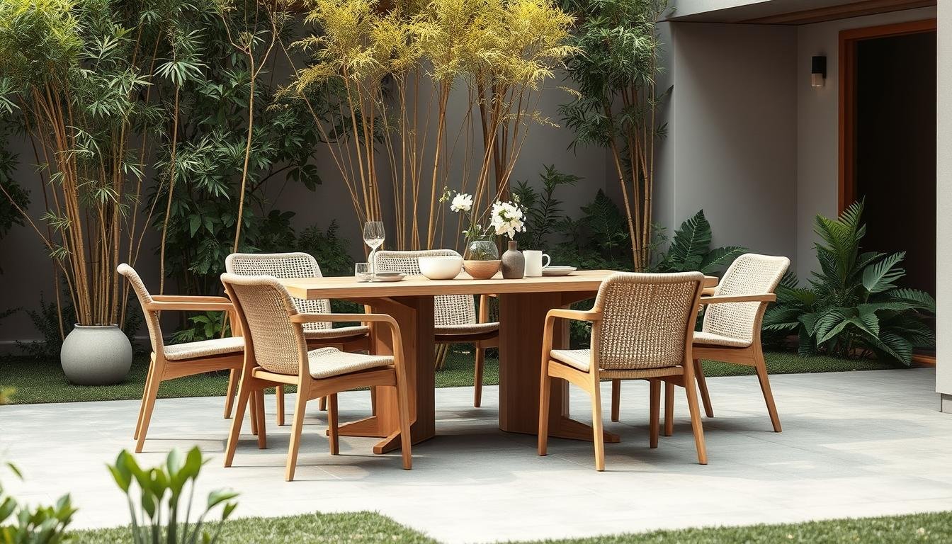 A modern, weather-resistant outdoor dining set in a serene, Japandi-inspired garden. Sleek, minimalist chairs and table crafted from durable, natural materials like teak and woven rattan. Soft, neutral tones and clean lines create a tranquil, Scandinavian ambiance. Gentle sunlight filters through wispy bamboo and lush foliage, casting a warm, golden glow. The elegant, low-profile design blends seamlessly with the natural surroundings, inviting guests to linger and savor alfresco meals. A peaceful, zen-like oasis perfect for cozy summer gatherings. A modern, weather-resistant outdoor dining set in a serene, Japandi-inspired garden. Sleek, minimalist chairs and table crafted from durable, natural materials like teak and woven rattan. Soft, neutral tones and clean lines create a tranquil, Scandinavian ambiance. Gentle sunlight filters through wispy bamboo and lush foliage, casting a warm, golden glow. The elegant, low-profile design blends seamlessly with the natural surroundings, inviting guests to linger and savor alfresco meals. A peaceful, zen-like oasis perfect for cozy summer gatherings.