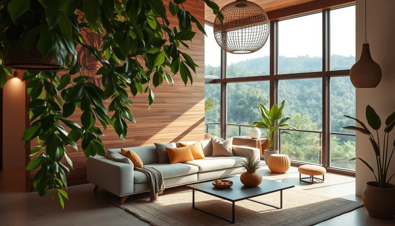 A vibrant Latin American interior with a modern Japandi-inspired aesthetic. In the foreground, lush tropical foliage cascades from hanging planters, casting dappled shadows across a sleek minimalist sofa and coffee table. The middle ground features a wooden accent wall complemented by warm-toned textiles and natural fiber decor. Indirect lighting from concealed sources creates a cozy, inviting atmosphere. In the background, large windows offer panoramic views of a lush, verdant landscape. Clean lines, muted colors, and organic materials blend Scandinavian and Nordic design principles with the vibrant, textural essence of Latin American style.