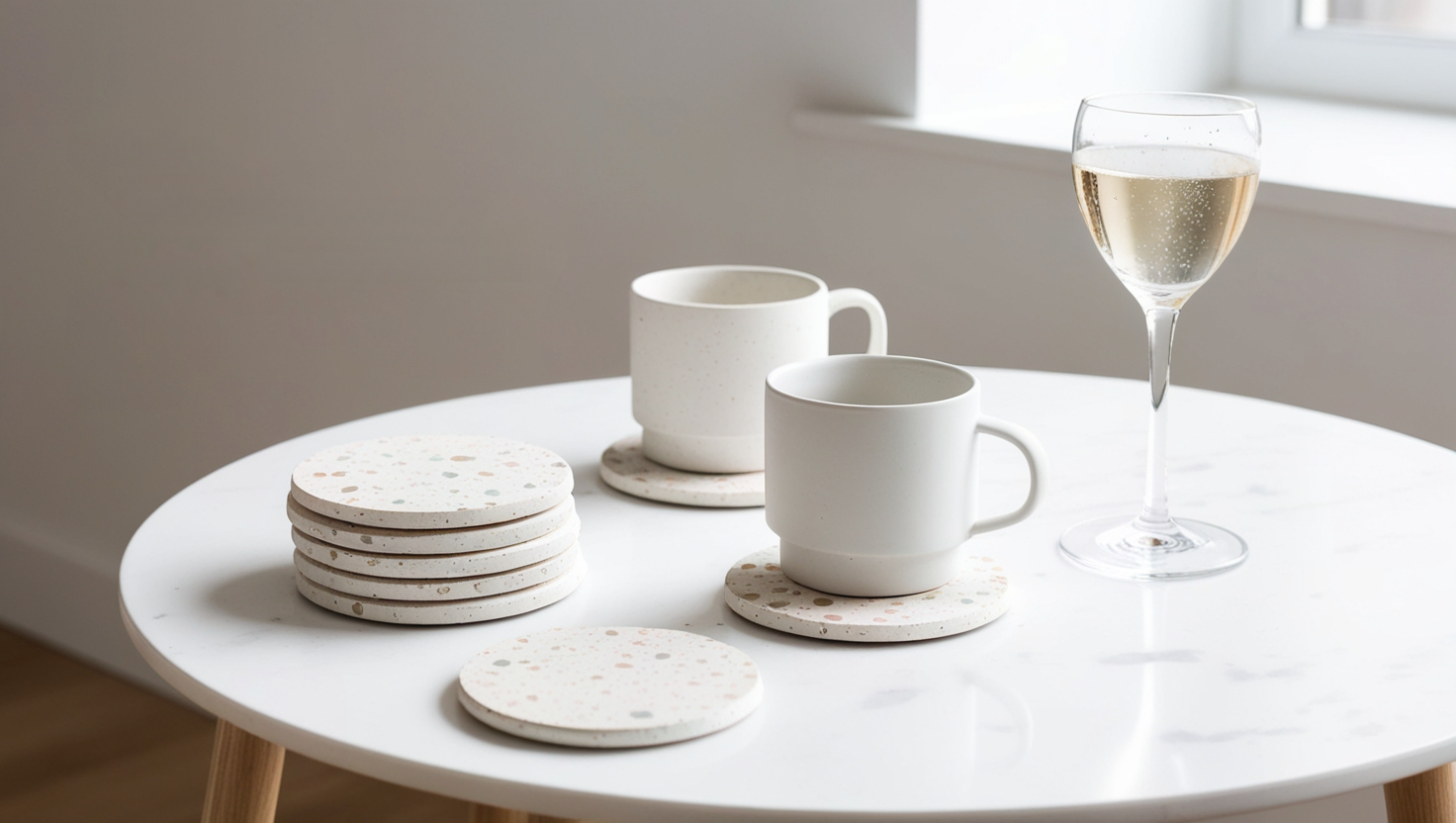 A bright, airy Japandi-style interior with natural wood accents and a minimalist aesthetic. In the foreground, a large DIY terrazzo planter box sits on a sleek, low wooden table, the textured surface reflecting the natural light flooding in through large windows. In the middle ground, a collection of simple, geometric terrazzo vases and trays are arranged on floating shelves, creating a cohesive display. The background features a neutral-toned wall, with a minimalist, black-framed artwork adding a touch of visual interest. The overall mood is serene, inspirational, and budget-friendly.