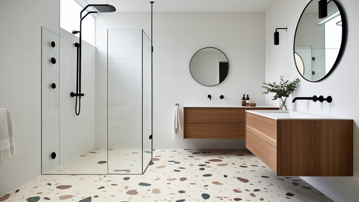 Detailed terrazzo patterns in a minimalist Japandi-style interior, captured with a wide-angle lens and soft, diffused lighting. Muted tones of gray, white, and earthy hues create a serene, calming atmosphere. The terrazzo flooring in the foreground features a harmonious blend of quartz, marble, and cement fragments, with a subtle, organic texture. In the middle ground, clean-lined furniture and decor accentuate the natural beauty of the material. The background showcases a neutral, uncluttered wall, allowing the intricate terrazzo patterns to take center stage. Stylish Terrazzo Interior Design Bathroom