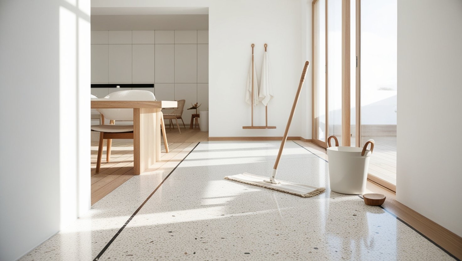 A well-lit, spacious Japandi-style interior with a smooth, polished terrazzo floor in the foreground. The camera captures the scene from a low angle, highlighting the intricate patterns and subtle color variations of the terrazzo surface. Soft, natural lighting filters in through large windows, casting a warm, inviting glow. In the middle ground, a mop and cleaning supplies are neatly arranged, suggesting the importance of proper maintenance. The background features minimalist furnishings and decor, creating a serene, uncluttered atmosphere that complements the timeless elegance of the terrazzo flooring.