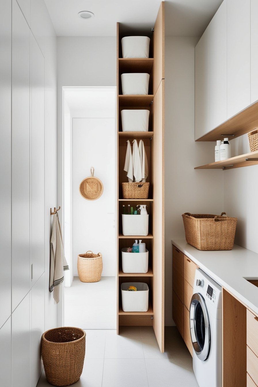small Scandinavian-style laundry room emphasizing space-saving vertical storage