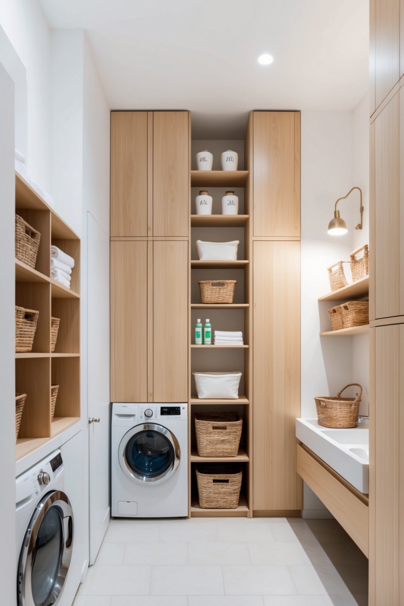 small Scandinavian-style laundry room emphasizing space-saving vertical storage
