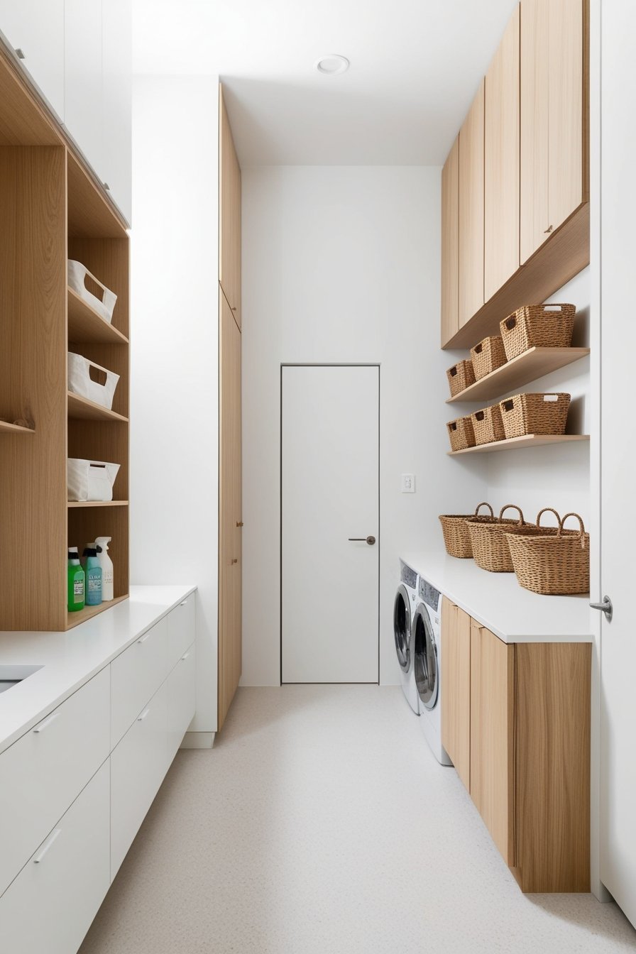 small Scandinavian-style laundry room emphasizing space-saving vertical storage
