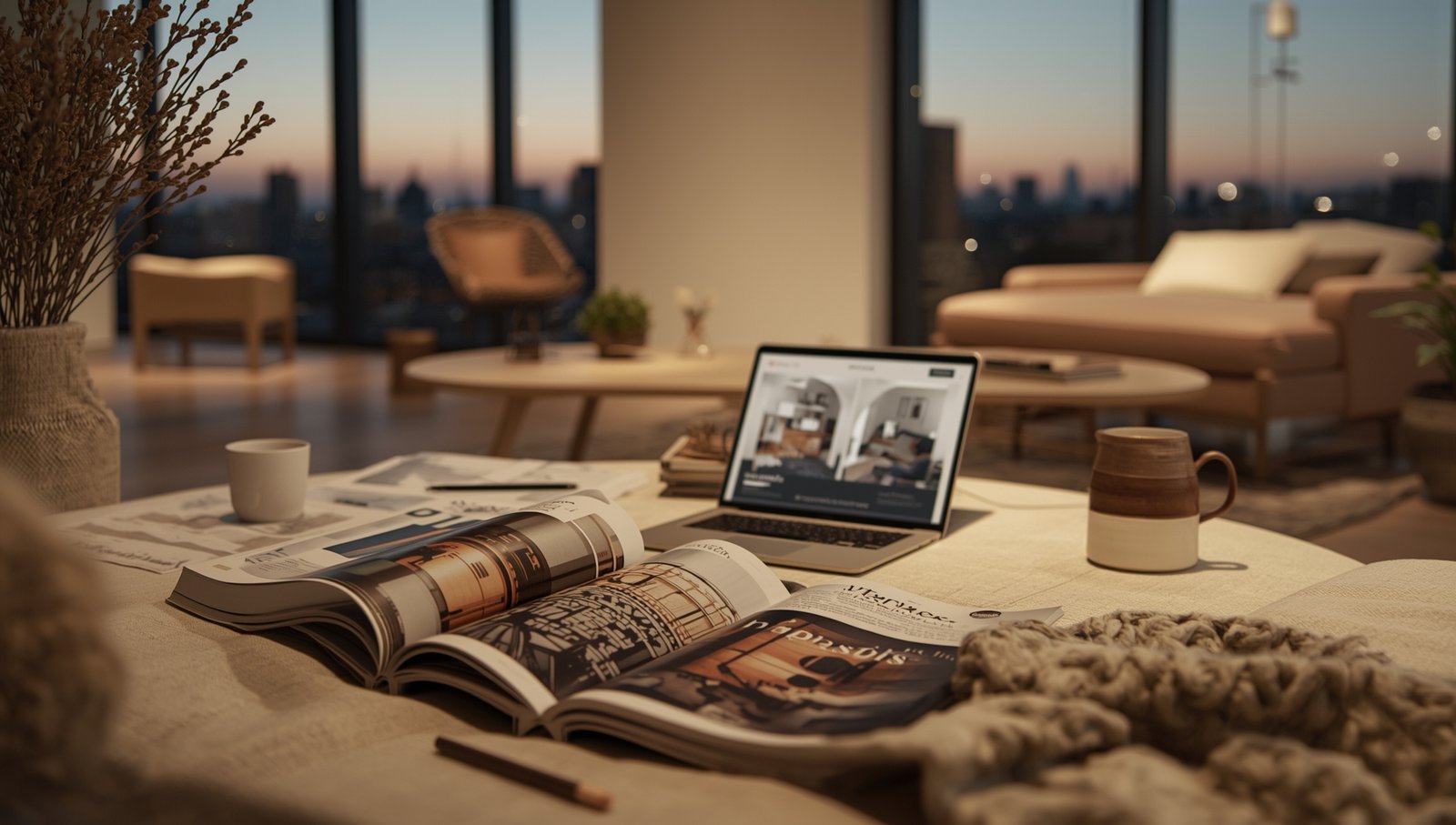 A clean, well-lit interior design showroom with large windows overlooking a city skyline. In the foreground, several popular interior design platforms are displayed on sleek, modern laptops and tablets, showcasing their intuitive interfaces and stunning visuals. The middle ground features minimalist Japandi-style furniture and decor, highlighting the synergy between Scandinavian and Japanese design aesthetics. The background is bathed in warm, natural lighting, creating a serene and inspiring atmosphere for exploring the best interior design websites.