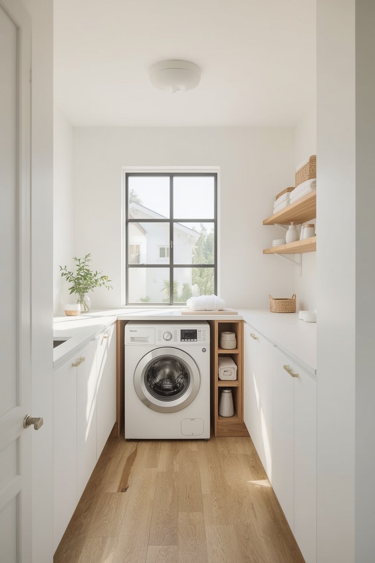 bright, airy Scandinavian laundry room with a clean, minimalist layout