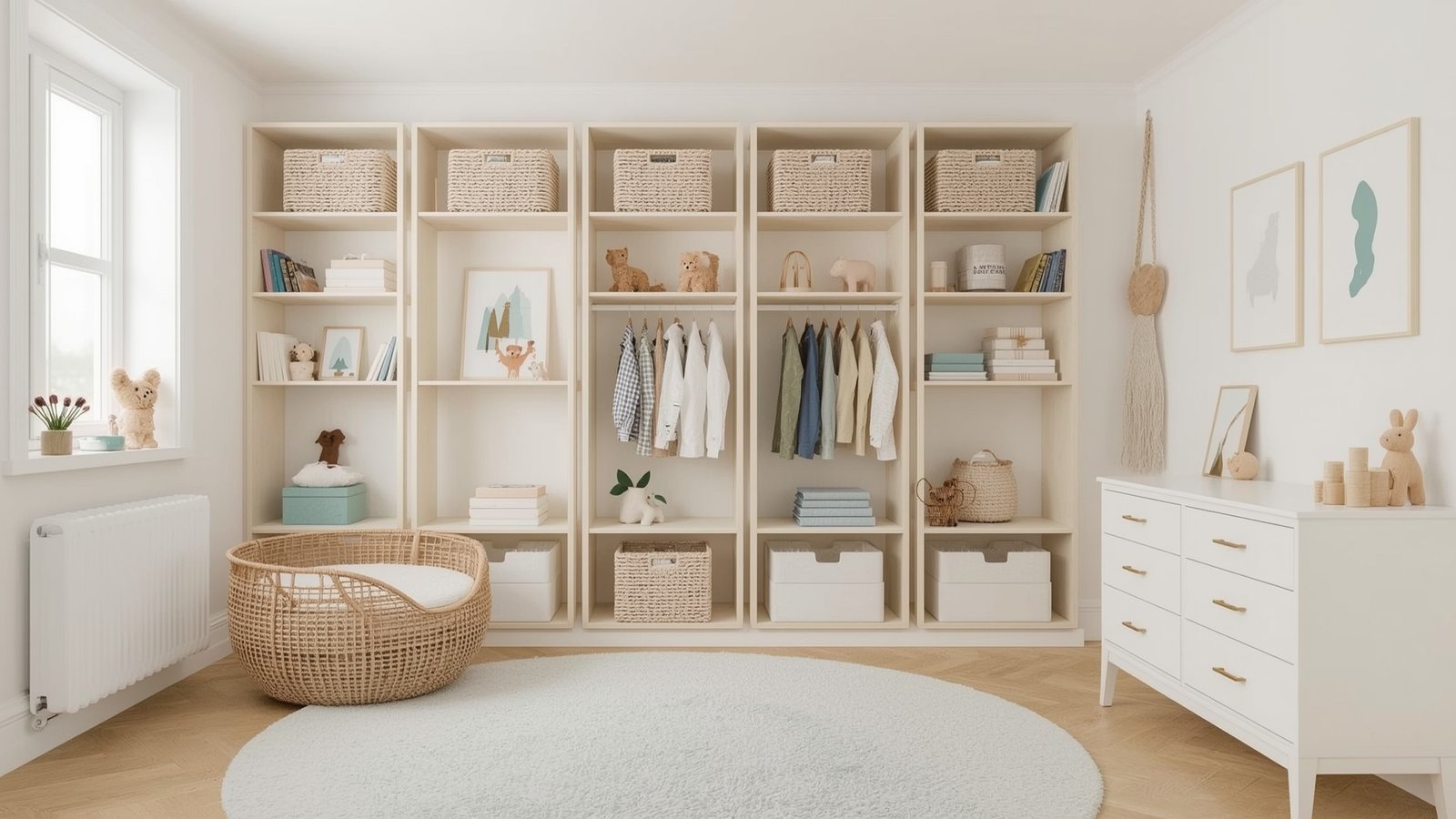 A scandinavian-inspired kids room with a minimalist, Japandi aesthetic. A wall-mounted open shelving unit in light-toned wood, with simple geometric shapes and clean lines. Various storage boxes, baskets, and decorative items neatly arranged on the shelves, creating a visually appealing, organized display. The shelves are lit by warm, diffused lighting, casting a soft glow and highlighting the natural textures. The room has large windows allowing natural light to flood in, creating a bright, airy atmosphere. The overall mood is calming, inviting, and conducive to focused play and learning. Scandinavian Kids Room Decor: Storage solutions with Style