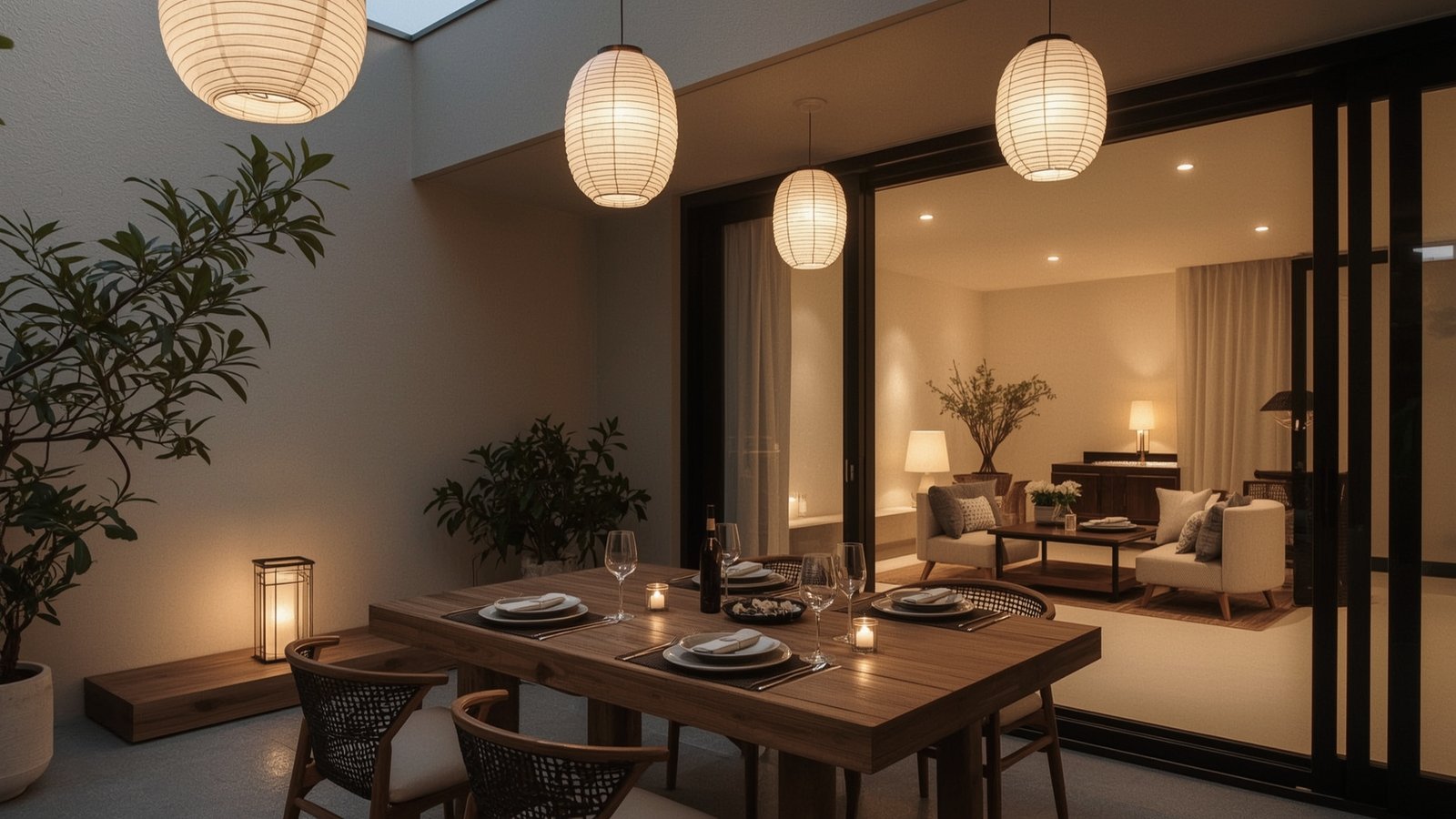 A serene Japanese garden at dusk, with a pathway illuminated by a series of traditional lanterns casting a warm, inviting glow. Weathered stone lanterns line the edges, their soft light reflecting on the surface of a tranquil pond. Overhead, delicate paper lanterns sway gently in the evening breeze, creating a captivating play of light and shadow. The minimalist, Japandi-inspired design blends seamlessly with the natural surroundings, exuding a sense of cozy, atmospheric tranquility.