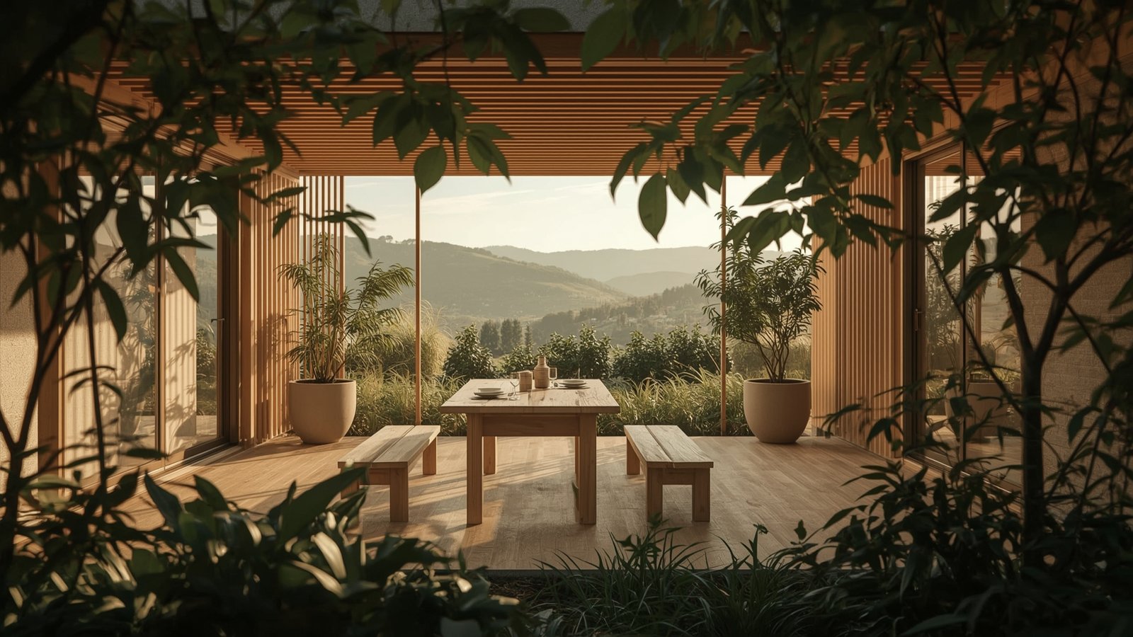 A minimalist Japandi-style outdoor dining space with a wooden table, bench seating, and simple decor. The scene is bathed in warm, diffused sunlight, creating a cozy, inviting atmosphere. In the foreground, lush greenery and potted plants frame the dining area, blending the interior and exterior seamlessly. The middle ground features a clean-lined, natural wood structure, providing shelter and a sense of enclosure. In the background, a serene landscape with rolling hills or a tranquil garden creates a peaceful, Scandinavian-inspired setting. The overall composition emphasizes simplicity, harmony, and a connection to nature.