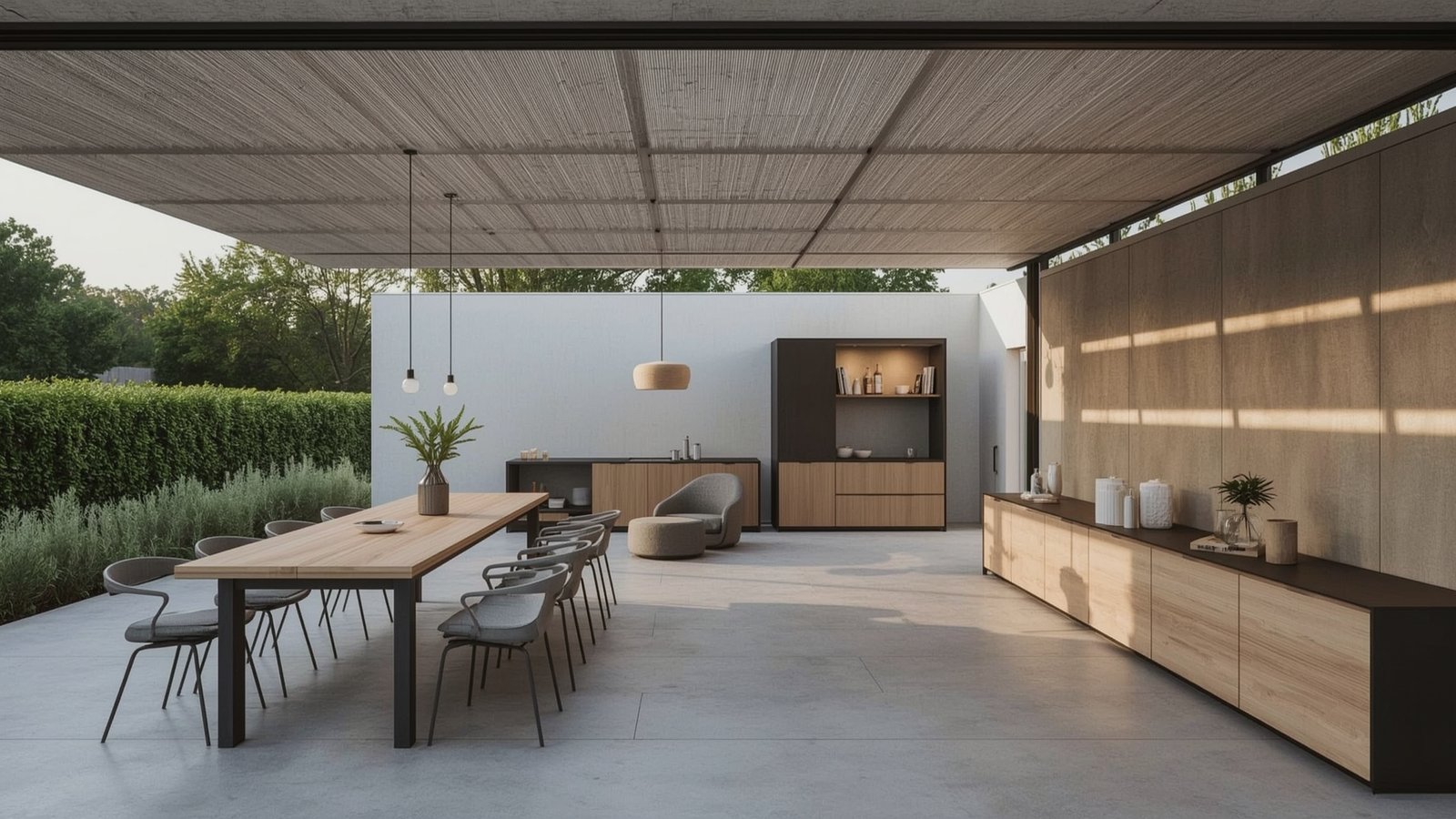 A minimalist Japandi-style outdoor dining space with a wooden table, bench seating, and simple decor. The scene is bathed in warm, diffused sunlight, creating a cozy, inviting atmosphere. In the foreground, lush greenery and potted plants frame the dining area, blending the interior and exterior seamlessly. The middle ground features a clean-lined, natural wood structure, providing shelter and a sense of enclosure. In the background, a serene landscape with rolling hills or a tranquil garden creates a peaceful, Scandinavian-inspired setting. The overall composition emphasizes simplicity, harmony, and a connection to nature.