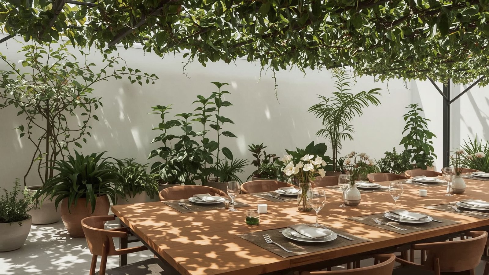 A serene outdoor oasis with a minimalist Japandi aesthetic. A wooden dining table surrounded by lush potted plants - trailing vines, leafy greens, and delicate florals. Soft, natural lighting filters through a canopy of verdant foliage, casting a warm, inviting glow. The scene exudes a sense of tranquility and understated elegance, perfectly suited for intimate summer gatherings. Clean lines, natural textures, and a thoughtful curation of plant life create a harmonious, Scandinavian-inspired ambiance.